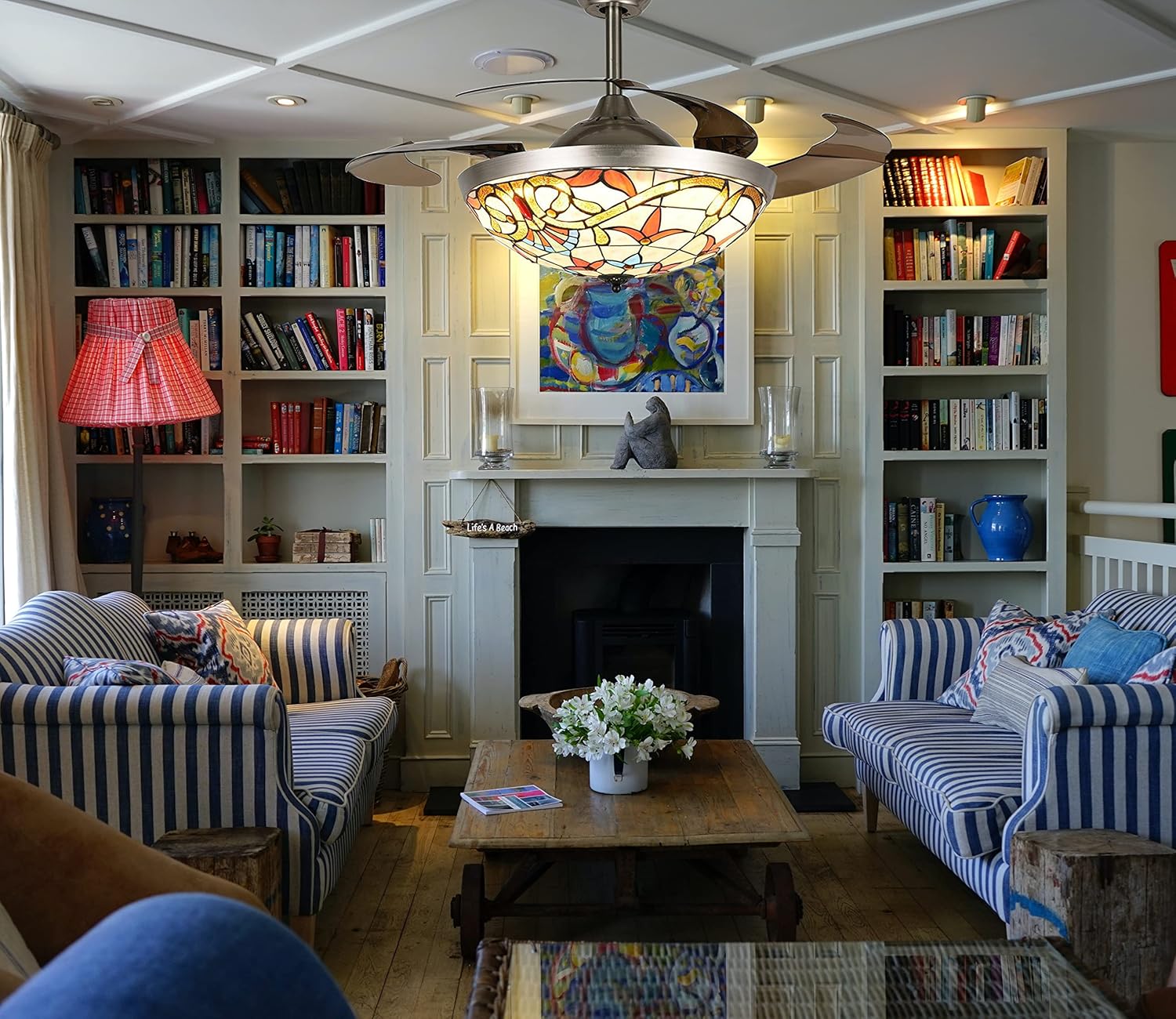 42 ''Ceiling Fan with Light and Remote Control, Retractable Blades Chandeliers Fan Lights Indoor 3 Colors 3 Speed Retro Ceiling Fan Light Kit for Living Room Bedroom Brown-Red