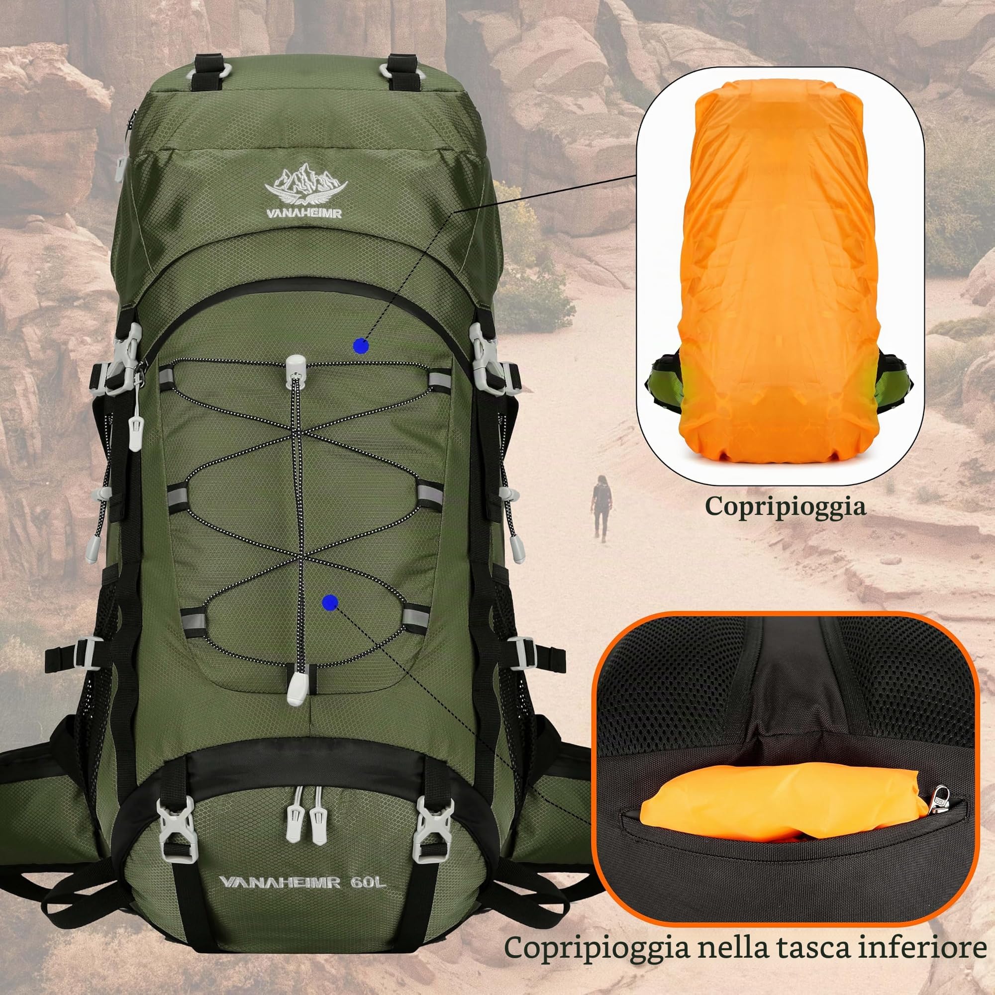 Zaino da viaggio da 60 l, per escursionismo, campeggio, con copertura antipioggia, impermeabile, zaino da arrampicata per uomo e donna