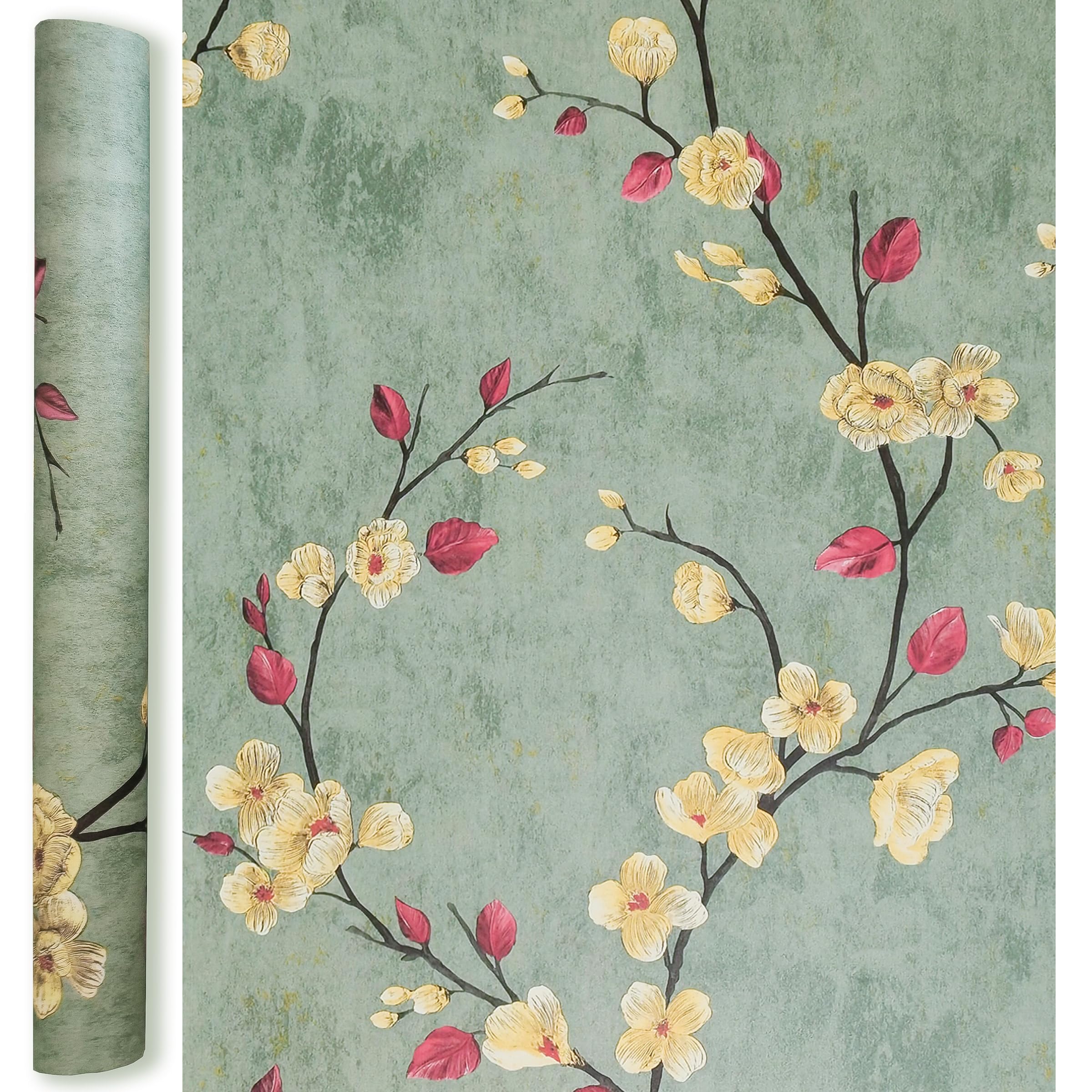 Qenlup Thick Floral Wallpaper Self Adhesive Blossom Wall Covering Flower Vinyl Vintage Green Contact Paper for Home Office Wall Furniture Renovation, 45x1000cm