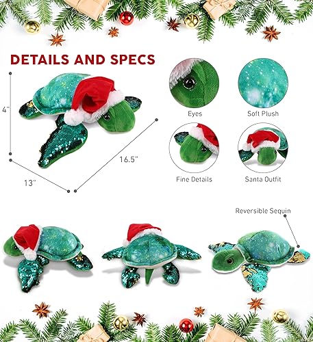 Miniatura 3 de DolliBu Juguete de peluche de tortuga marina de Papá Noel, disfraz de tortuga de peluche con lentejuelas espaciales, sombrero rojo de Papá Noel, con