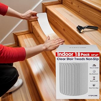 Clear Non Slip Stair Treads for Wooden Steps Indoor 24"x4" 18-Pack Peel Stick Stair Treads Self Adhesive Transparent Step Covers Stair Grip Tape for Dogs, Kids by STEPCORE