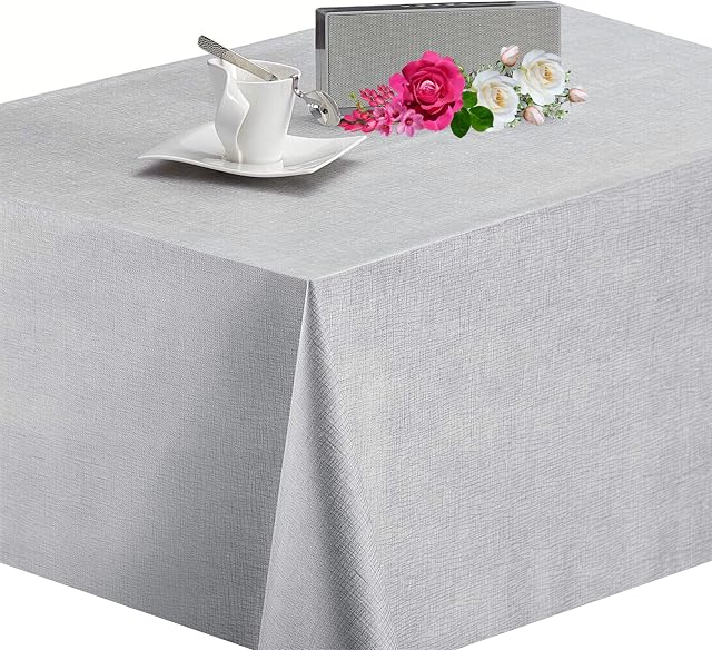KP HOME Wipe Clean Table Cloth Luxury Silver Grey PVC Table Cloth Wipe Clean Tablecloth - Vinyl Table Cloth 200x140 cm - Oilcloth Tablecloth Waterproof Table Cover Wipeable Table Cloth Rectangle Grey