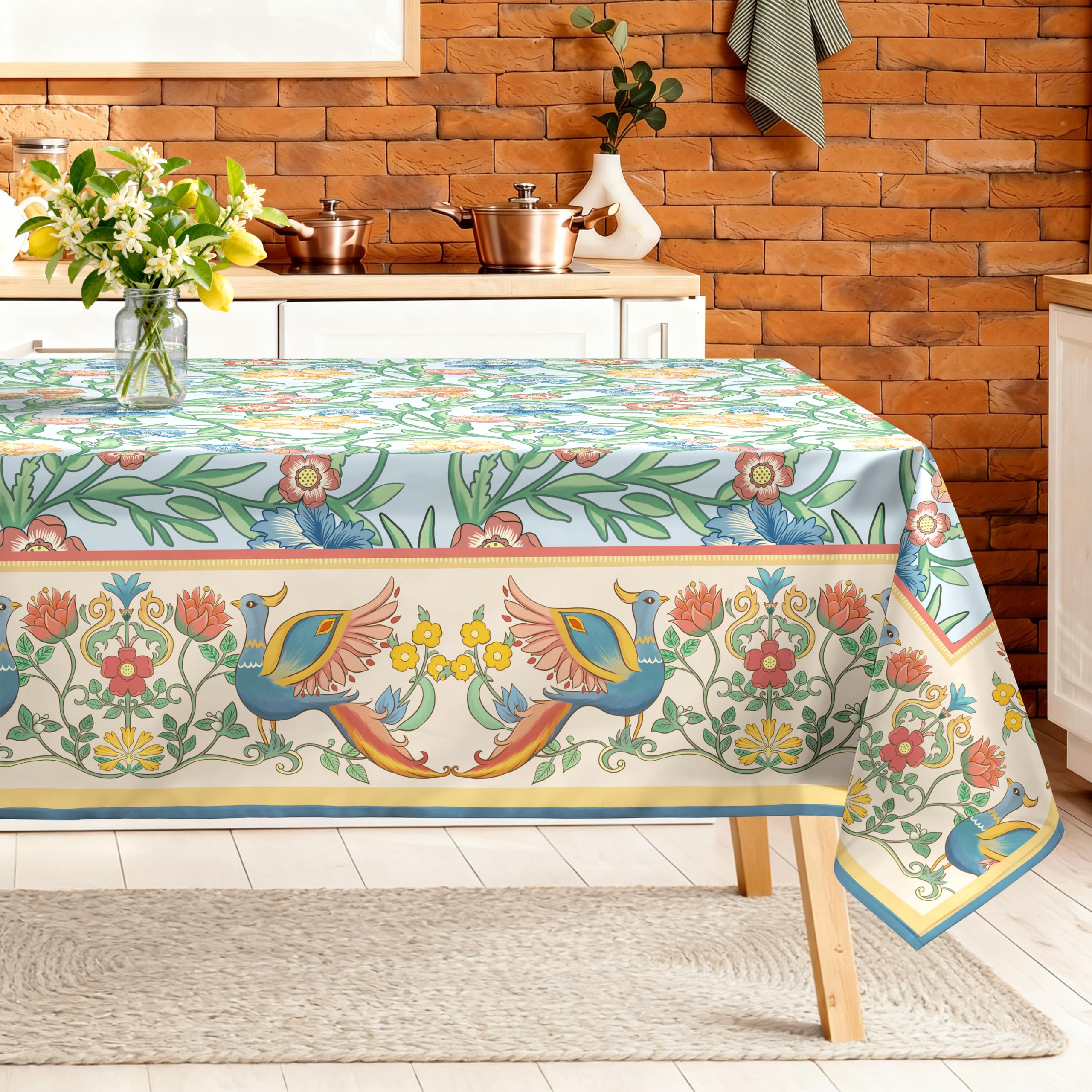 Arquiel Retro Floral Table Cloth Rectangle Machine Washable Birds Flowers Tablecloth, 140 * 180 cm, Polyester Spring Table Cover for Kitchen Dinner Party Outdoor Decor