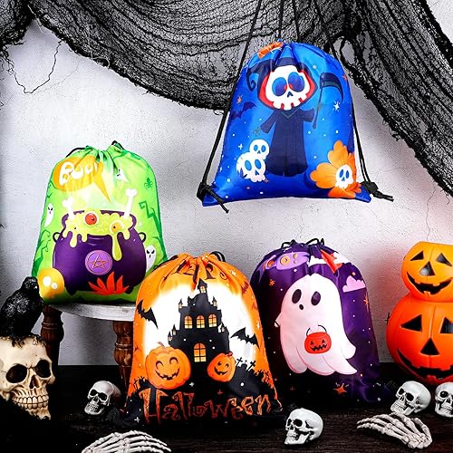 Miniatura 2 de Sanwuta 18 bolsas de cordón de Halloween a granel, bolsas de regalo de calabaza, golosinas, dulces, mochila con cordón, mochila de fantasma, para