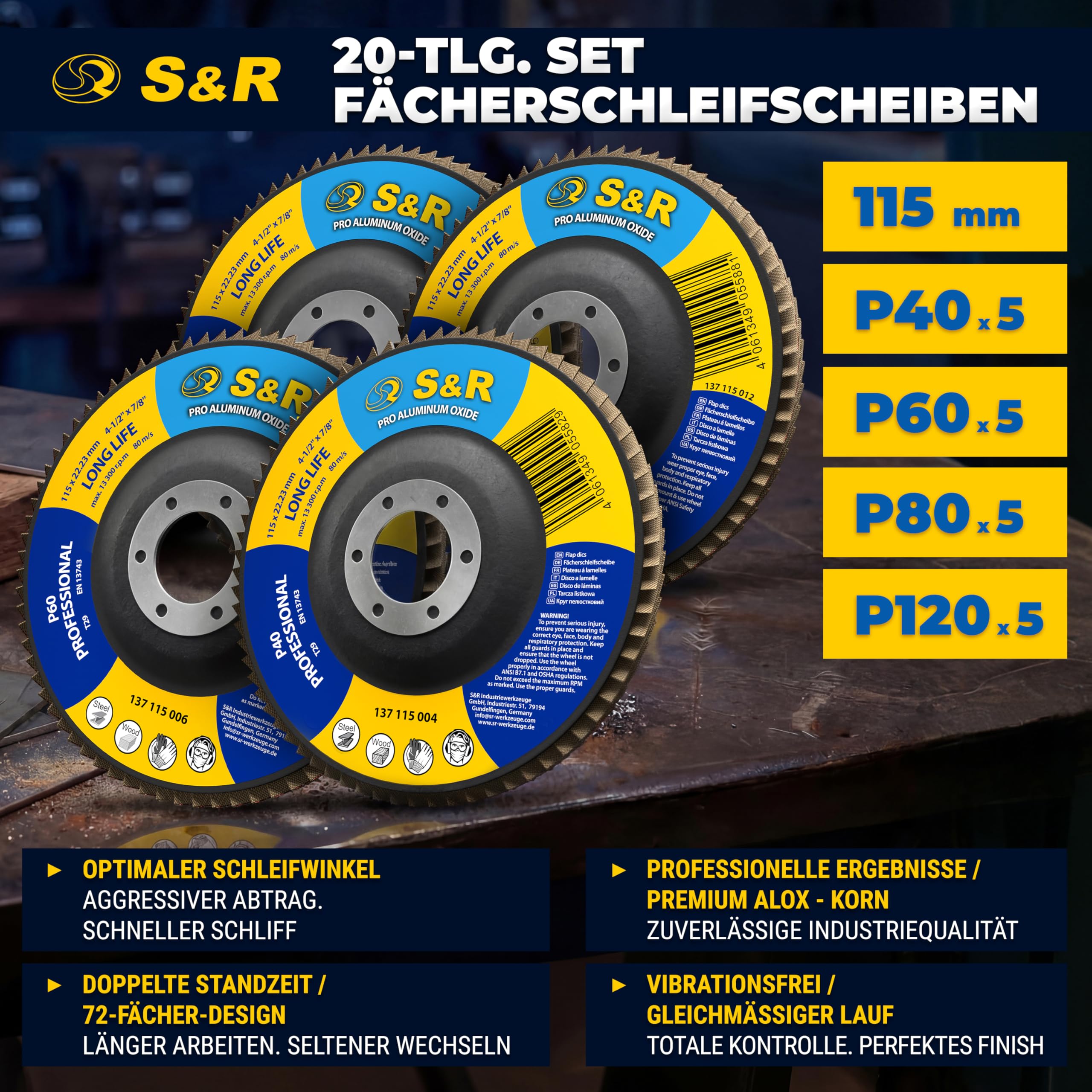 S&R Fächerschleifer Set 20 St., 115 x 22,23 mm, PRO ALUMINIUM OXID, T29, Fächerschleifscheiben, Lamellenschleifer, Schruppscheiben für Holz und Metall, je 5x Körnung P40/60/80/120