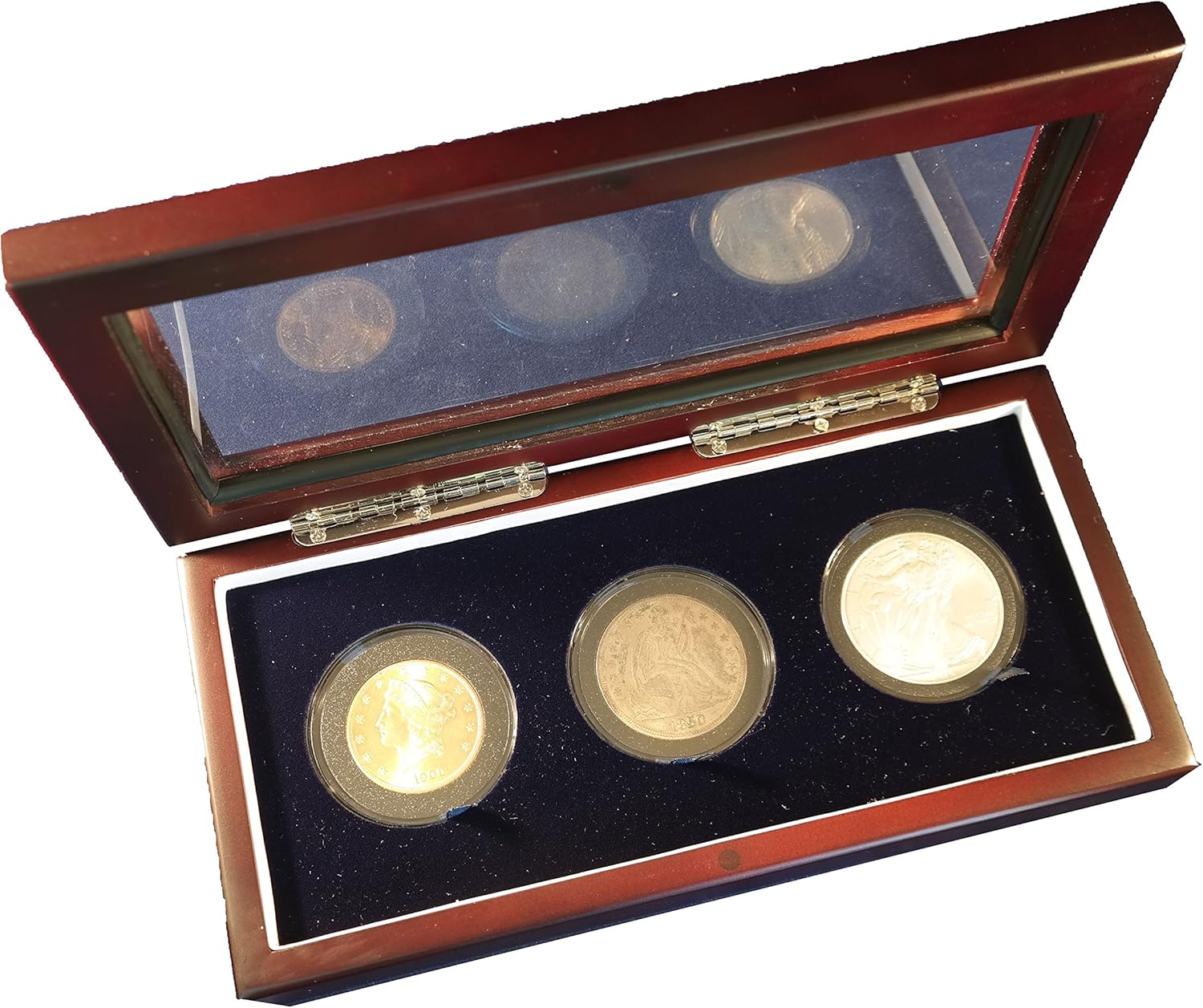 Wood Glass Top Display Box for 3 Extra Large or Air-Tite I Coin Capsules / 2" Challenge Coins