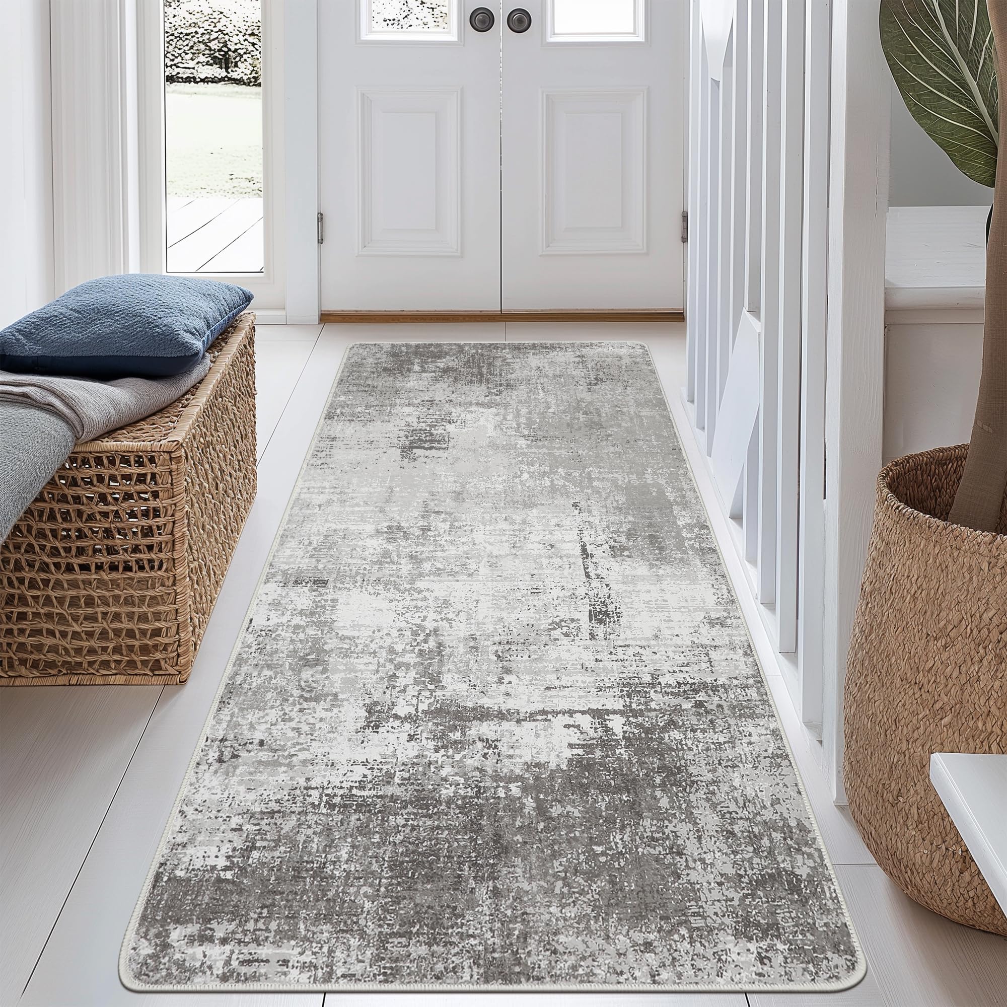 BEIMO Moderner Läufer Teppich 80x150 cm, Waschbar & rutschfest, Grau | Abstrakt Design, Kurzflor Klein Carpet, Rutschfest, Für Eingang, Flur und Bettvorleger Schlafzimmer, Pflegeleicht