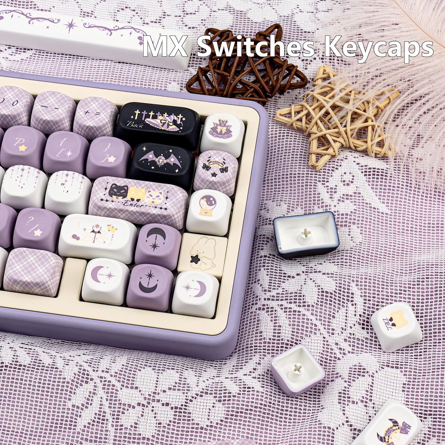 TICKTYPE MOA Profile Keycaps Black Purple Cute Halloween Theme Keycap-PBT Keycaps 5-Sided Sublimation keycap Set, Custom 129 Keys Key caps Set for Mechanical Keyboard 61/64/75/84/87/104/108 Layout