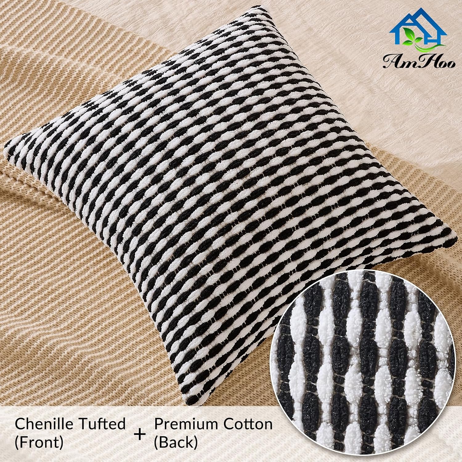 AmHoo Boho Chenille Pillow Cover Decorative Tufted Pillowcase for Couch Bed Sofa Bedroom Living Room Modern 18 x 18-Inch Black - Image 3