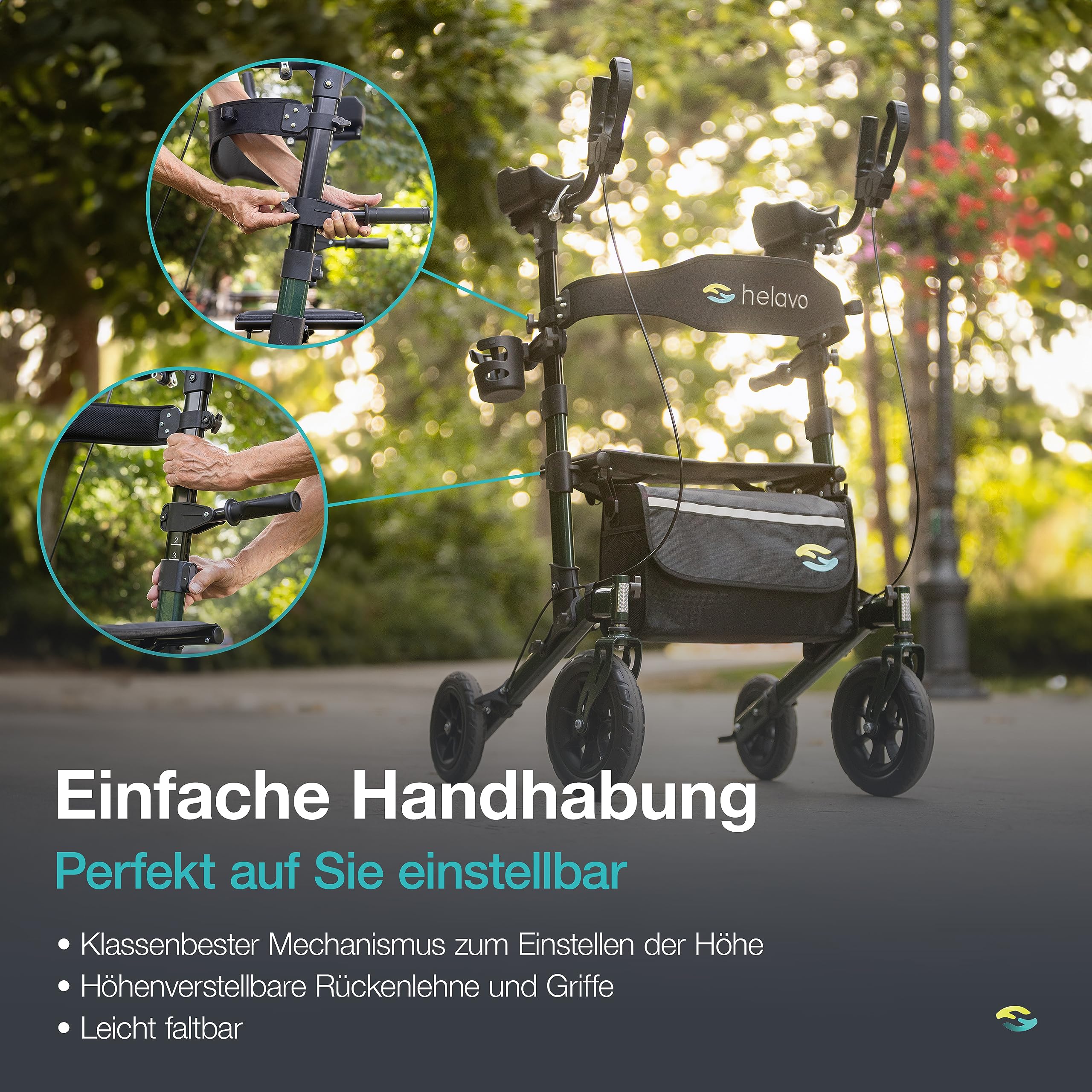 Helavo Outdoor-Arthritis-Rollator mit Sitz & gepolsterten Unterarmstützen | Aluminium Stand-Up-Rollator mit Armauflagen - 10" Vollgummireifen perfekt für jeden Untergrund - Mit Sitz & Rückenlehne