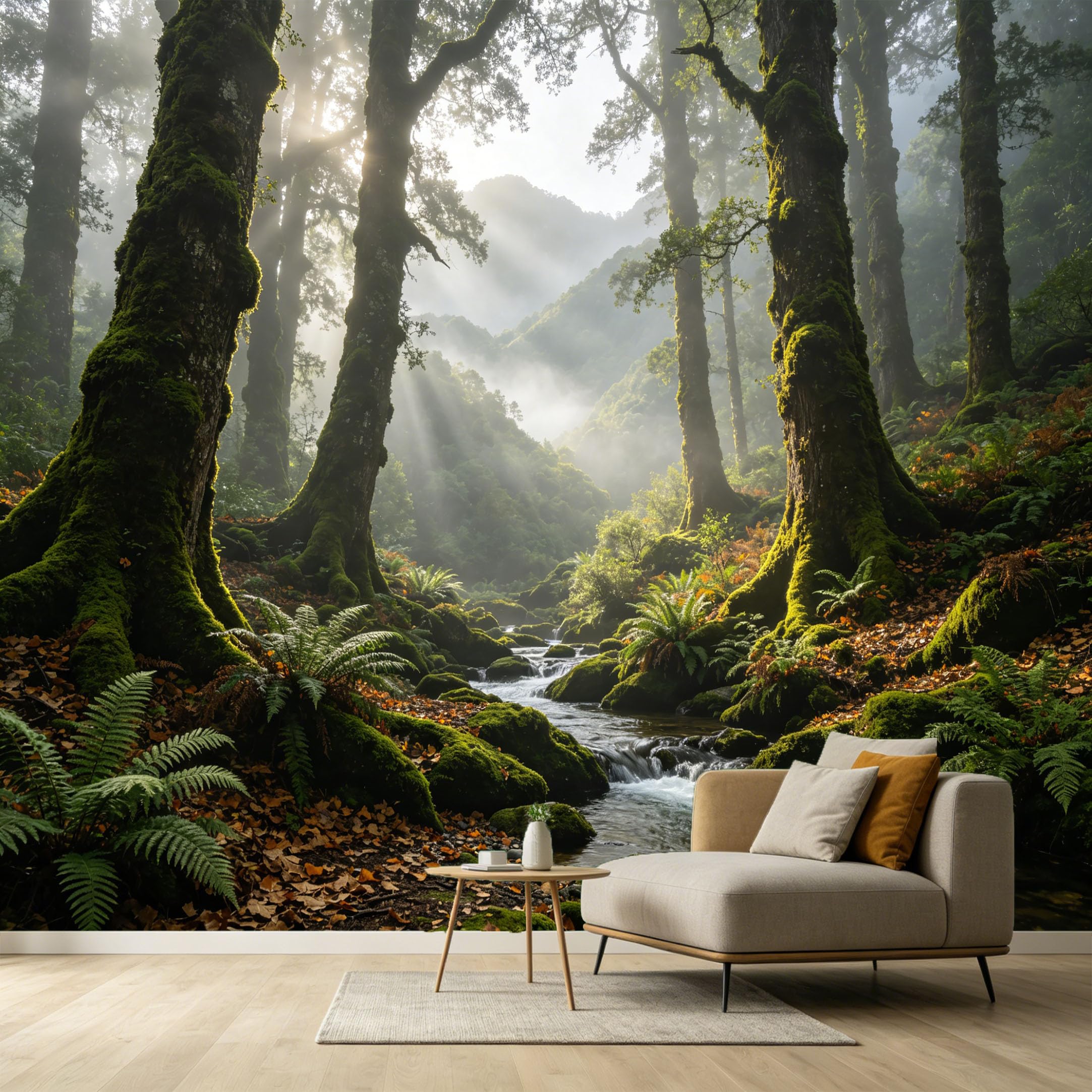 Custom Size Wall Murals Misty Forest Landscape Ferns River Sunbeams SelfAdhesive Wall Fabric Removable Large Wallpaper for Photo Living Room Interior Decor Wall Art