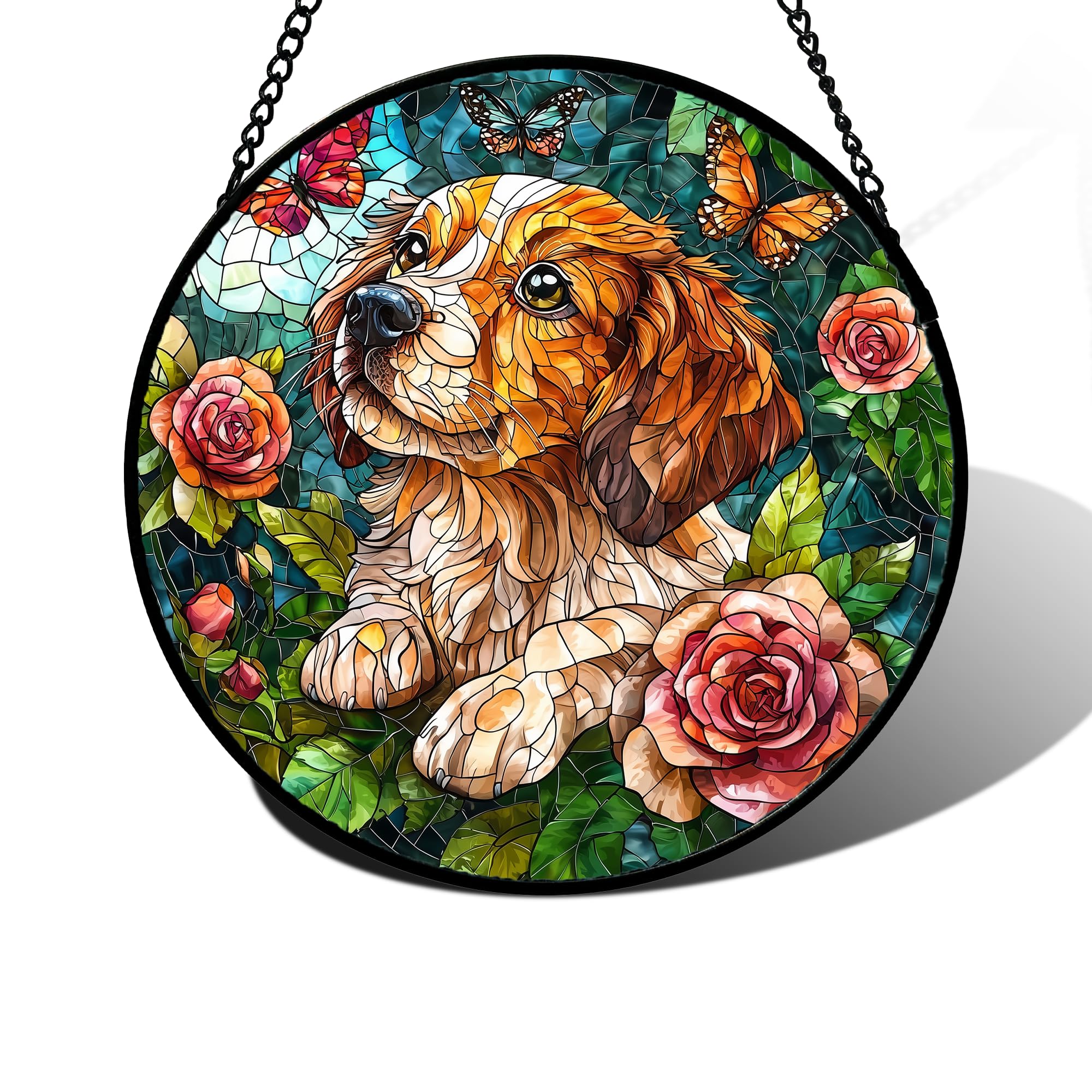 DASTOLL Stained Glass Window Hanging, Dog and Rose Suncatcher for Doors Home Butterfly Sun Catchers Decoration and Christmas, Mother's Day Birthday Gifts for Women, Men, and Mom 11.8x11.8 in — image 1