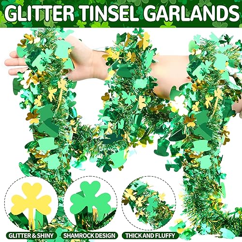 Miniatura 10 de Guirnalda de oropel del día de San Patricio, trébol, trébol, verde, dorado, metálico, para fiesta irlandesa del día de San Patricio, decoración