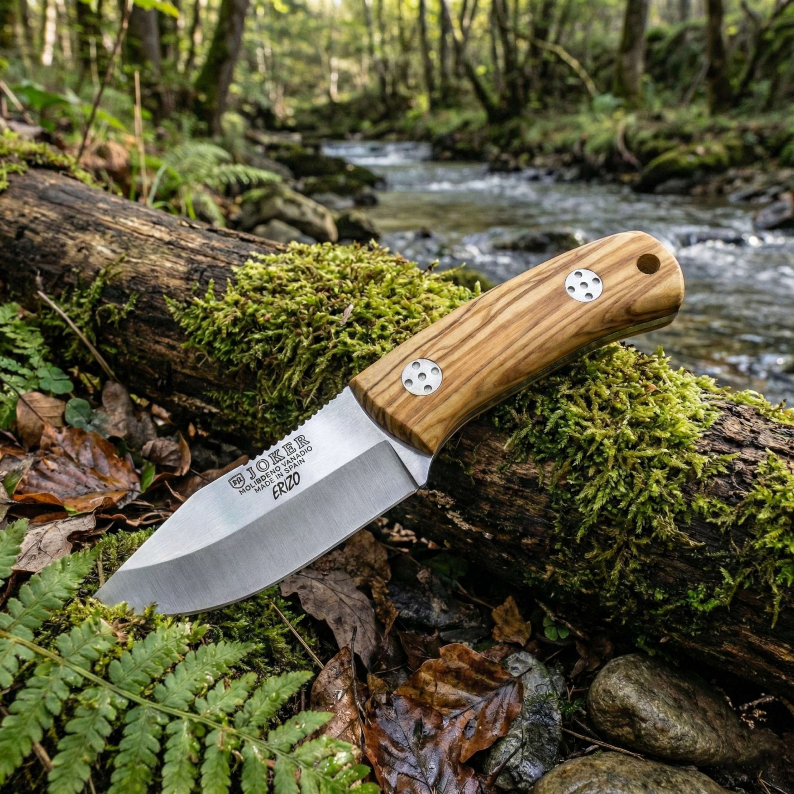 joker Coltello da caccia Riccio con Coltello Bushcraft in legno d'ulivo e lama in acciaio inox MOVA 7,5 cm, 130 grammi, CO75 per la pesca, la caccia, l'escursionismo, il campeggio