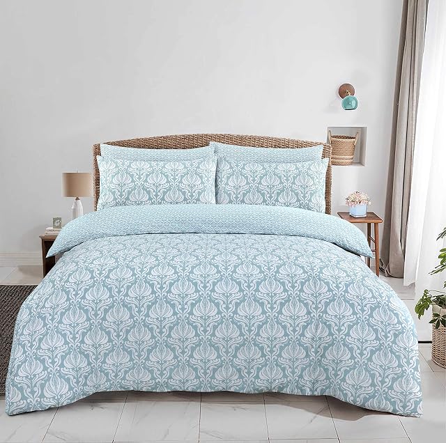 Night Comfort Eco Breathable Cotton Blend Duvet Cover with Pillowcase - Luxury Ultra Soft Modern 2 in 1 Reversible Duvet Cover Full Bed Set for Bedroom (Single, Aria 1 - Turquoise Damask)