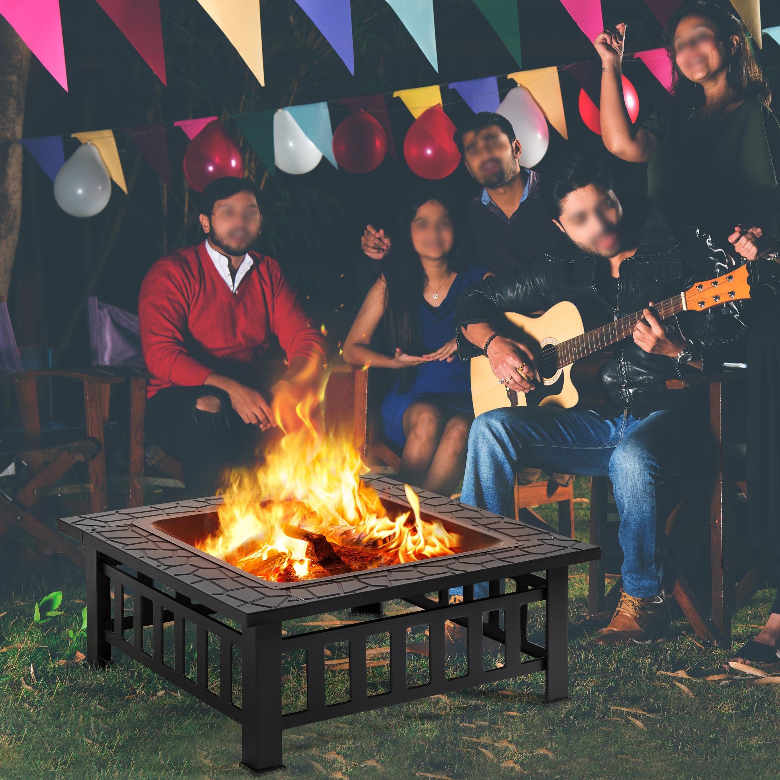 Yaheetech Palenisko z ochroną przed iskrami, 86 x 86 x 54 cm, 3 w 1, wielofunkcyjny kosz paleniskowy z pokrywką i pogrzebaczem Fire Pit palenisko outdoorowe do ogrodu/tarasu/na kemping/imprezę, kolor