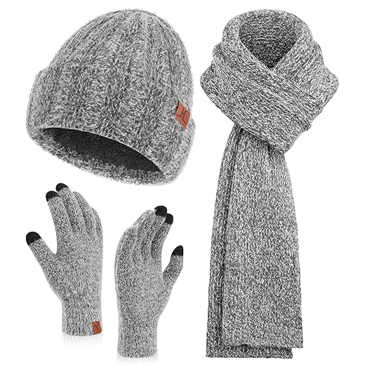 Womens Winter Warm Knit Beanie Hat Touchscreen Gloves Long Neck Scarf Set with Fleece Lined Skull Caps Gifts for Women Men