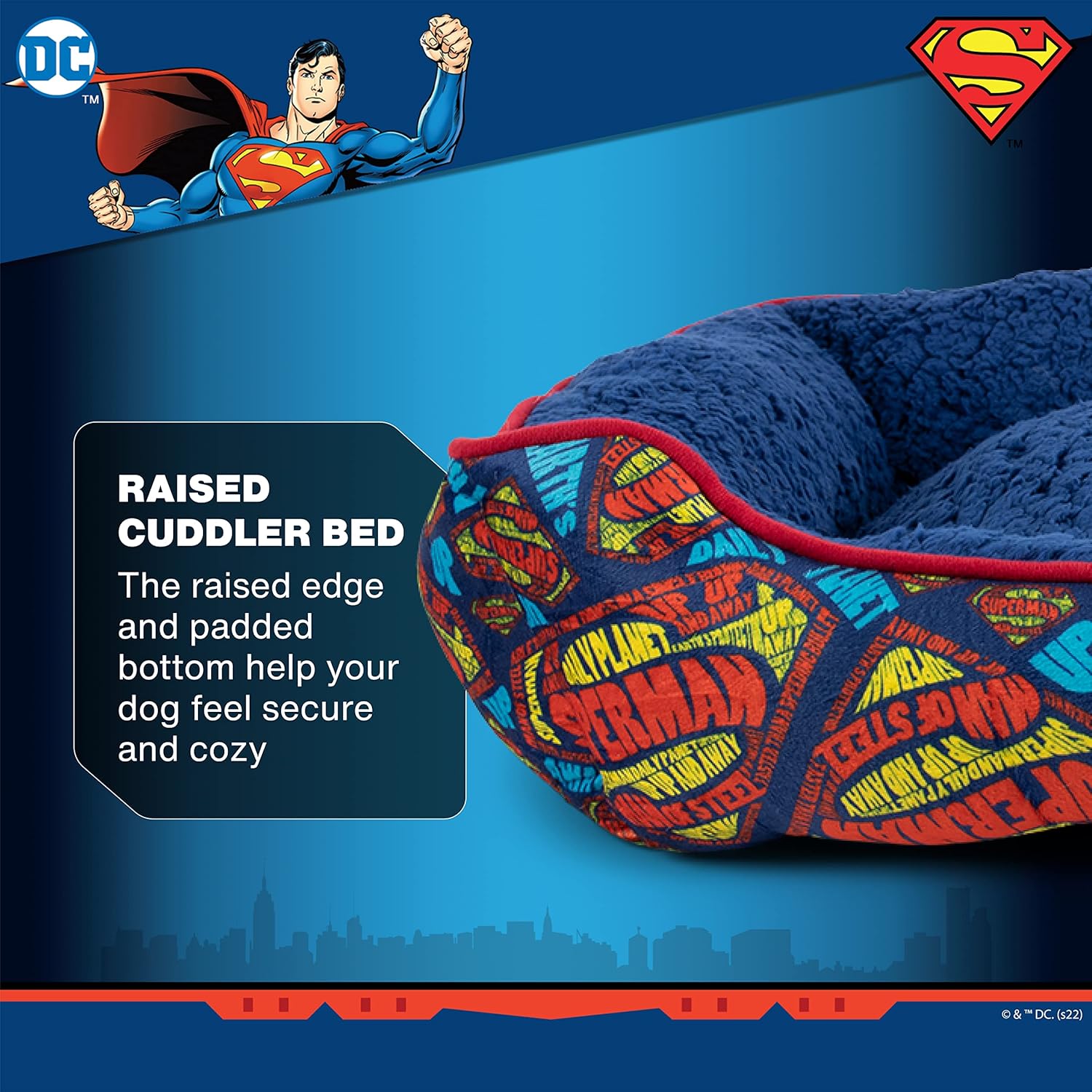 review DC Comics for Pets Superman Logo Cuddler Dog Bed | Soft and Comfortable Superhero Cozy Cuddler Dog Bed for Pets | Blue and Red Elevated Dog Bed 24 x 19 x 8