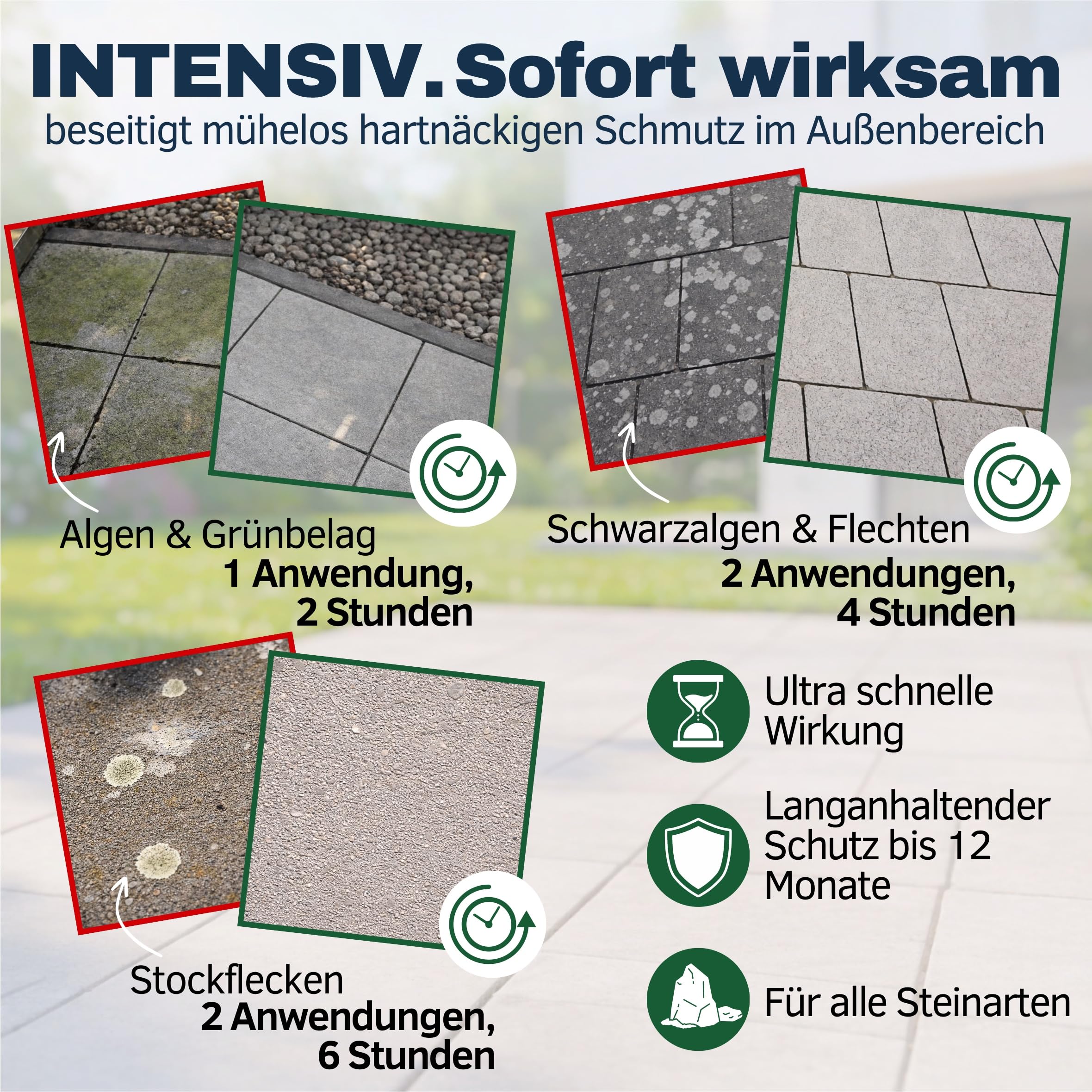 Steinreiniger Ultra Pro, intensiver Steinreiniger mit Sofortwirkung für außen, entfernt Schmutz, Grünbelag, Algen, Pilze und Flechten, Terrassenreiniger, Pflastersteine. (5 Liter Kanister)