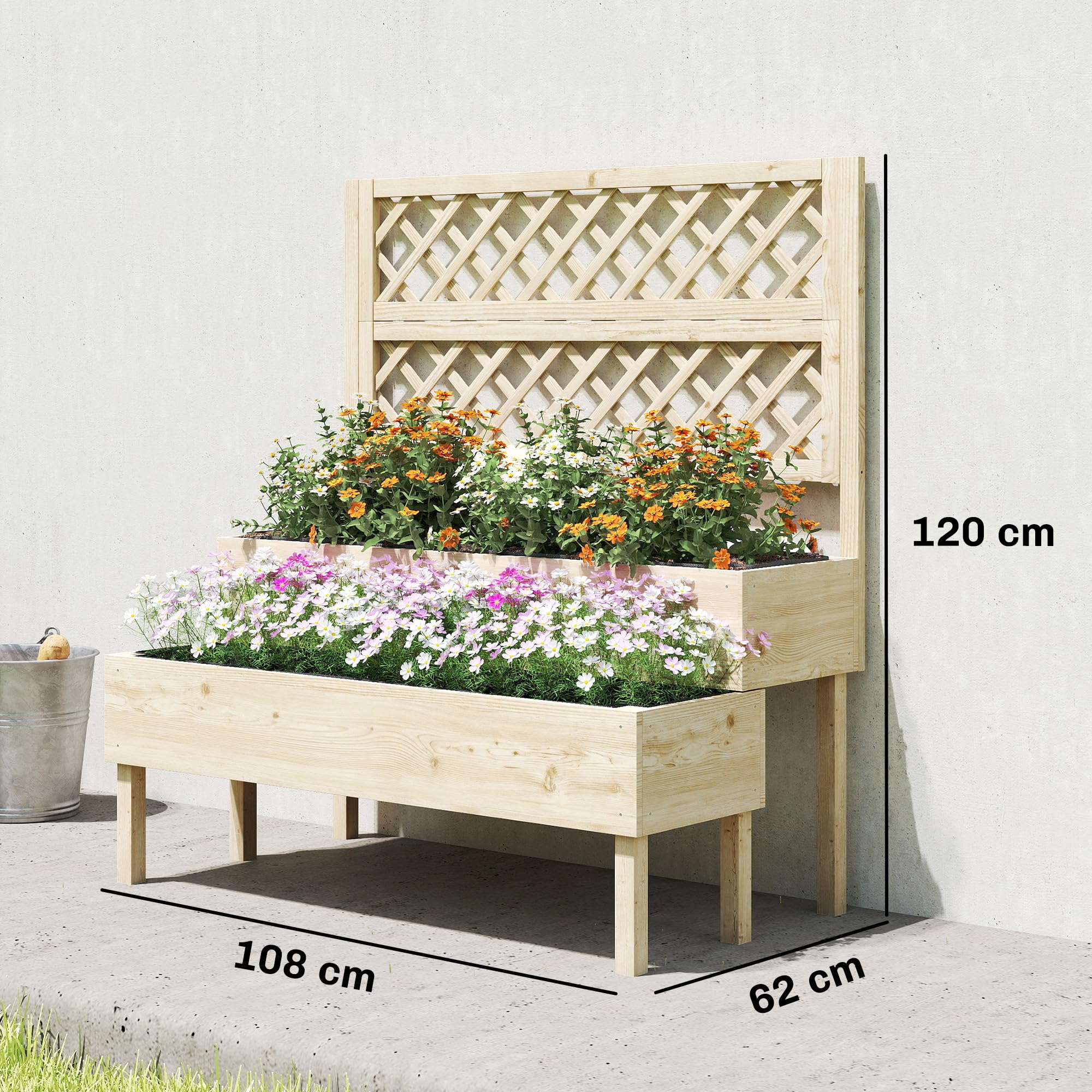 Outsunny Jardinière à 2 Niveaux avec Treillis, bac à Fleurs, lit surélevé avec Tissu Non tissé, pour Plantes grimpantes, légumes, Bois, intérieur et extérieur, 108 x 62 x 120 cm Effet Bois Naturelle