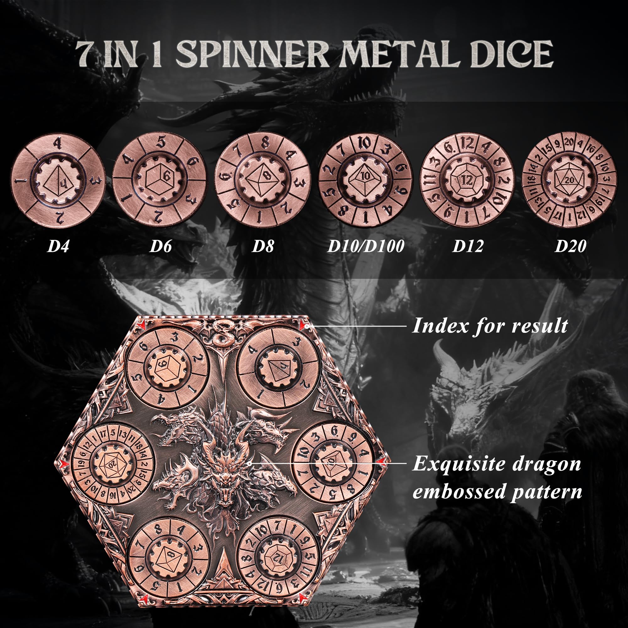 Kabinka DND - Juego de dados 7 en 1 de metal con esfera giratoria con bolsa de almacenamiento, dados portátiles de nudo celta D&D para juegos de mesa D4/D6/D8/D10/D12/D20 (cobre rojo)