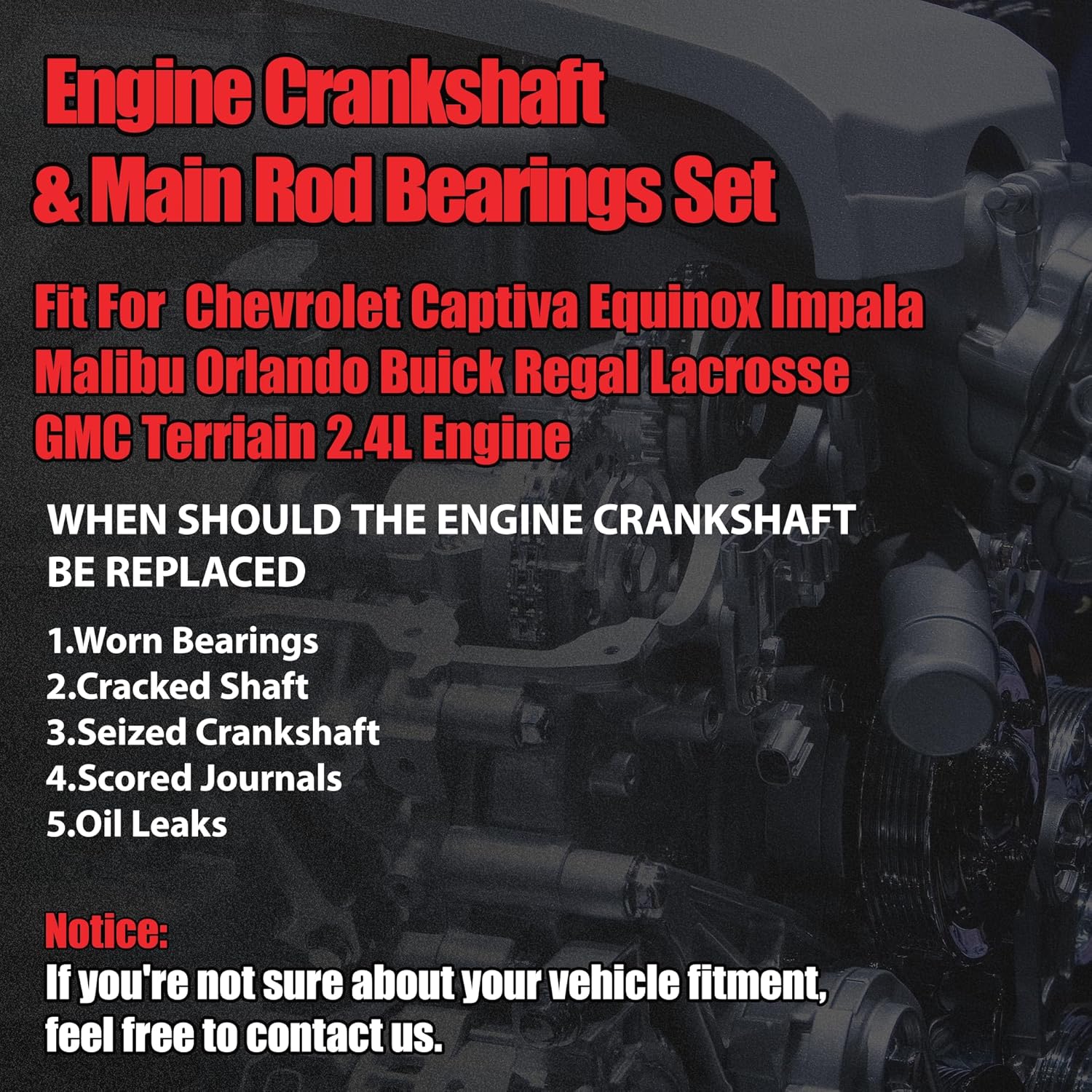 Ecotec 2.4 Engine Crankshaft with Main & Con-Rod Bearings Set Fit for Chevrolet Captiva Equinox Impala Malibu Orlando Buick Regal Lacrosse GMC Terriain 2.4L L4 DOHC 2011-2017 Replace#12578182 12578164