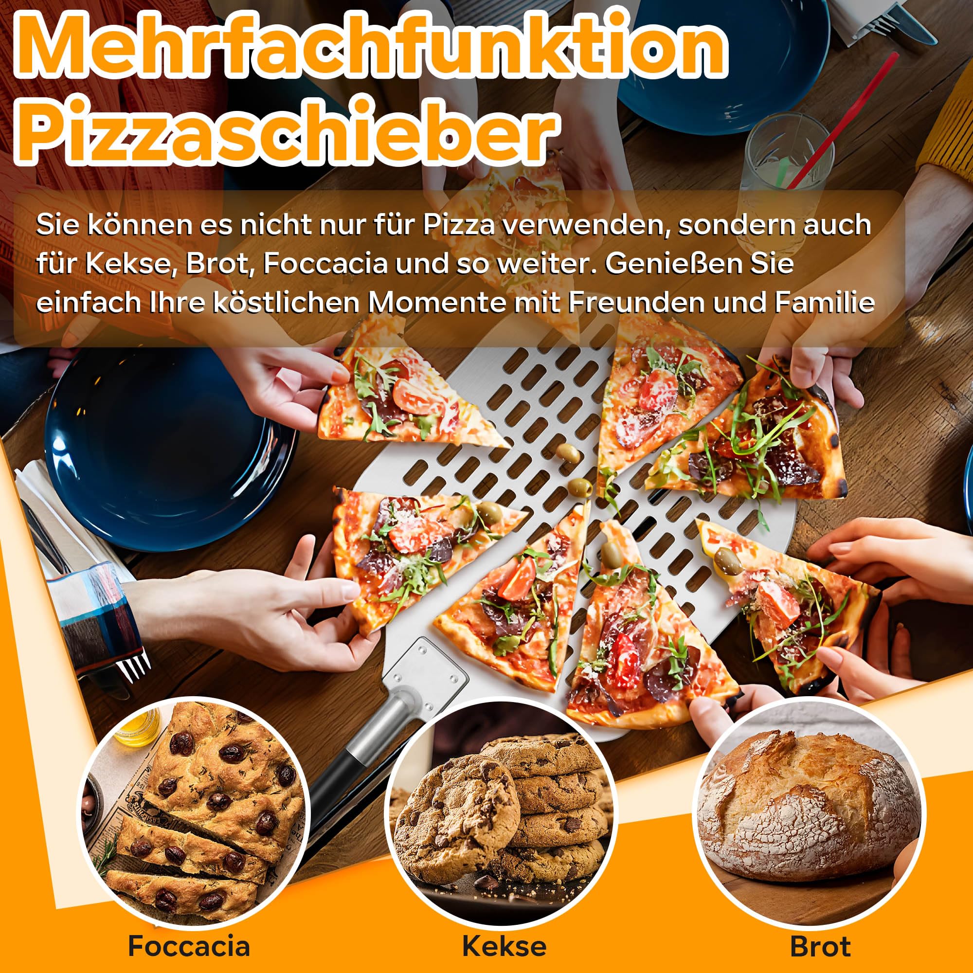 TEAMFAR Perforierter Pizzaschieber, 30,5 x 42 x 124 cm, Harteloxiertes Aluminium, leichtes Gleiten auf Pizzastein, rechteckig, großer Flächenanteil, abnehmbarer Griff