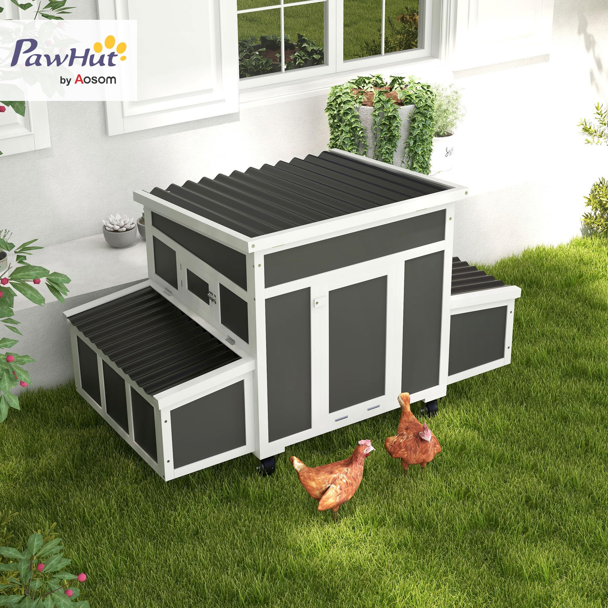 PawHut Pollaio in Legno con 2 Nidi, Ruote Grande Ø7.5cm, Pollaio per Galline Esterno con Tetto Ondulato Apribile Impermeabile, Vassoio Estraibile, Casetta per 2-4 Galline, Anatra, 147x94x90cm, Grigio