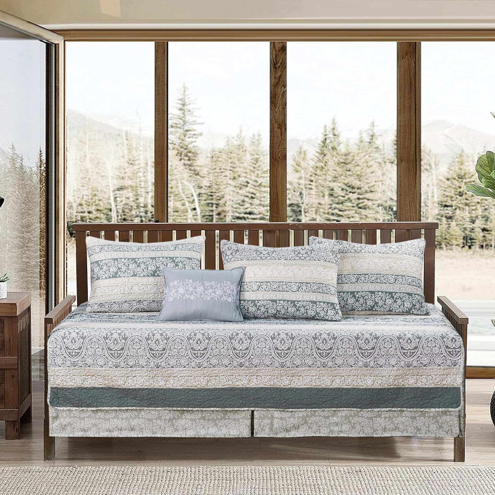 BYTIDE 6 Piece Reversible Microfiber Bohemian Printed Daybed Cover Set, All Season Luxury Bedding with Bedskirt, Matching Shams, Decorative Pillow, 75