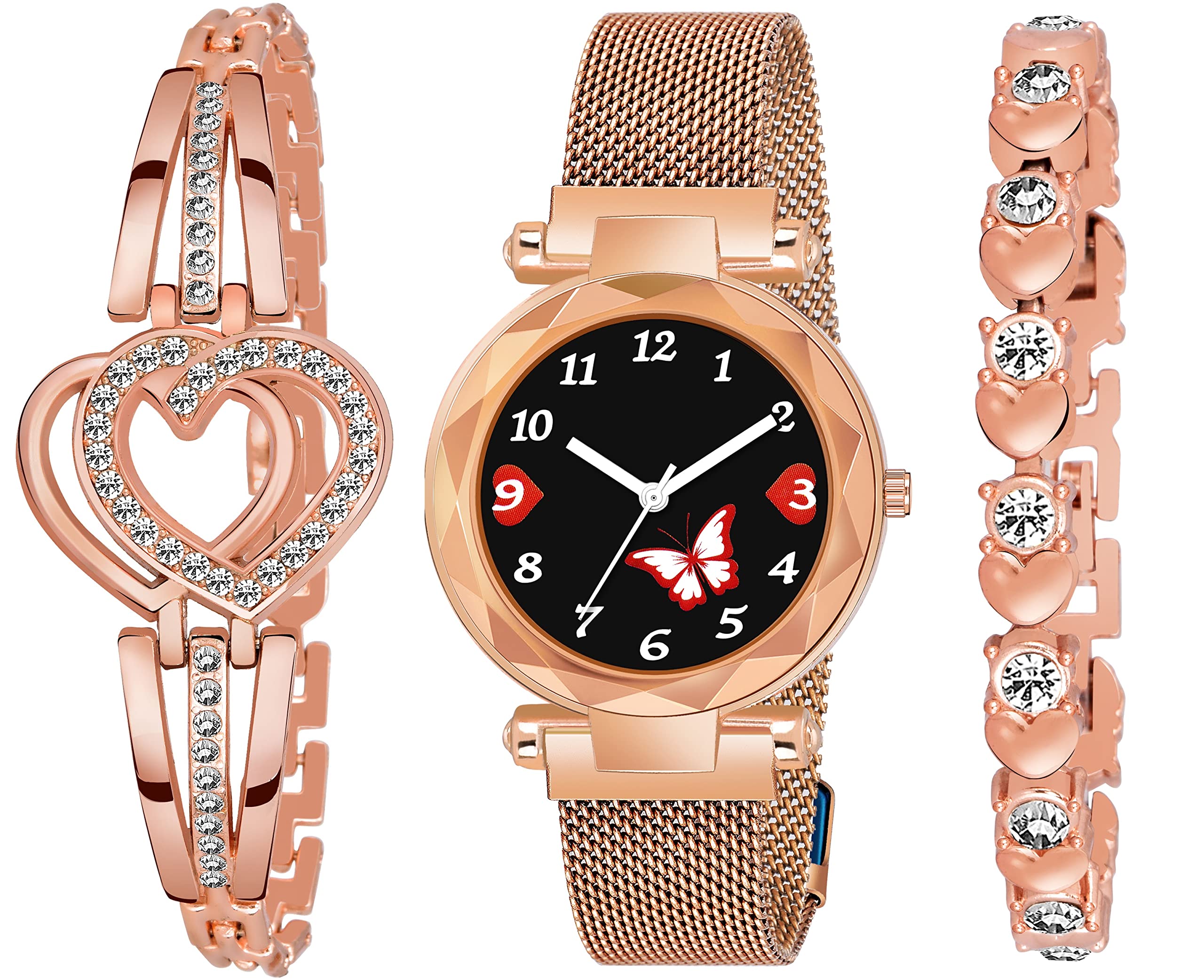 CERO Analogue Red Butterfly Dial Magnetic Strap with Diamond Studded Bracelet Combo Set Girls and Woman Watch (Rose Gold) (B0B8NTZH8V) Amazon Price History, Amazon Price Tracker