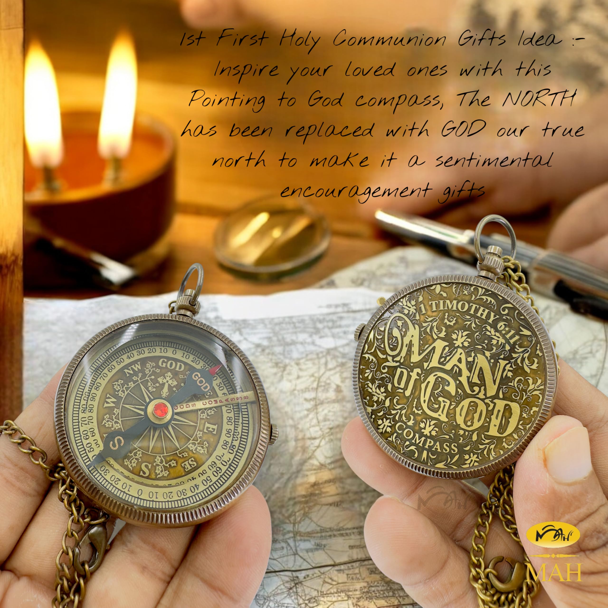 Handmade Religious Brass Compass Gift with Engraved & Embossed Faith Messages – Inspirational Christian Religious Gift Keepsake for Baptism, Confirmation, Christening, First Communion or Christmas