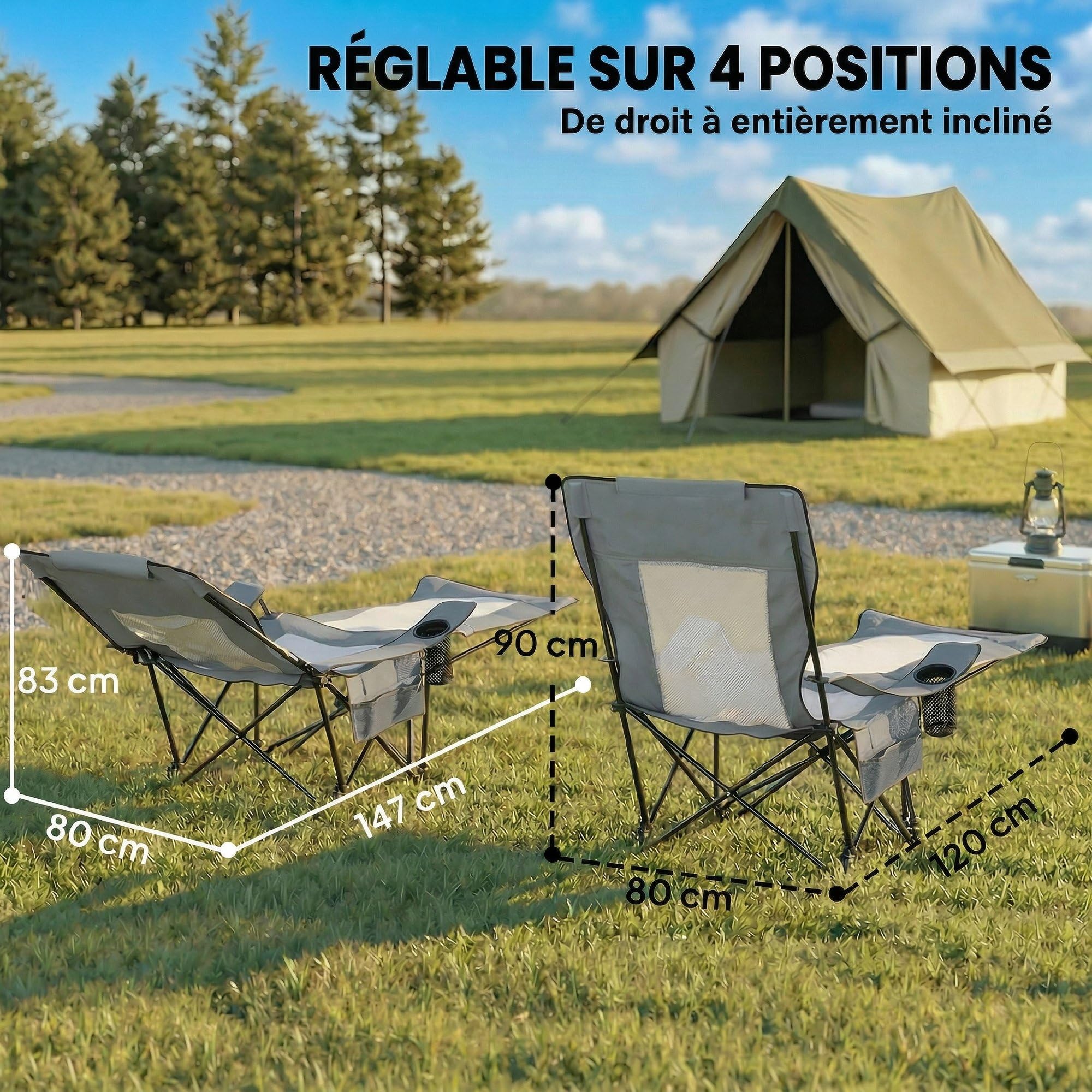 Outsunny Lot de 2 Chaises de Camping Pliantes Inclinables 4 Positions Gris | Repose-Pieds Amovible, Sac de Rangement, Porte-Gobelet, Poche Latérale, Appui-Tête