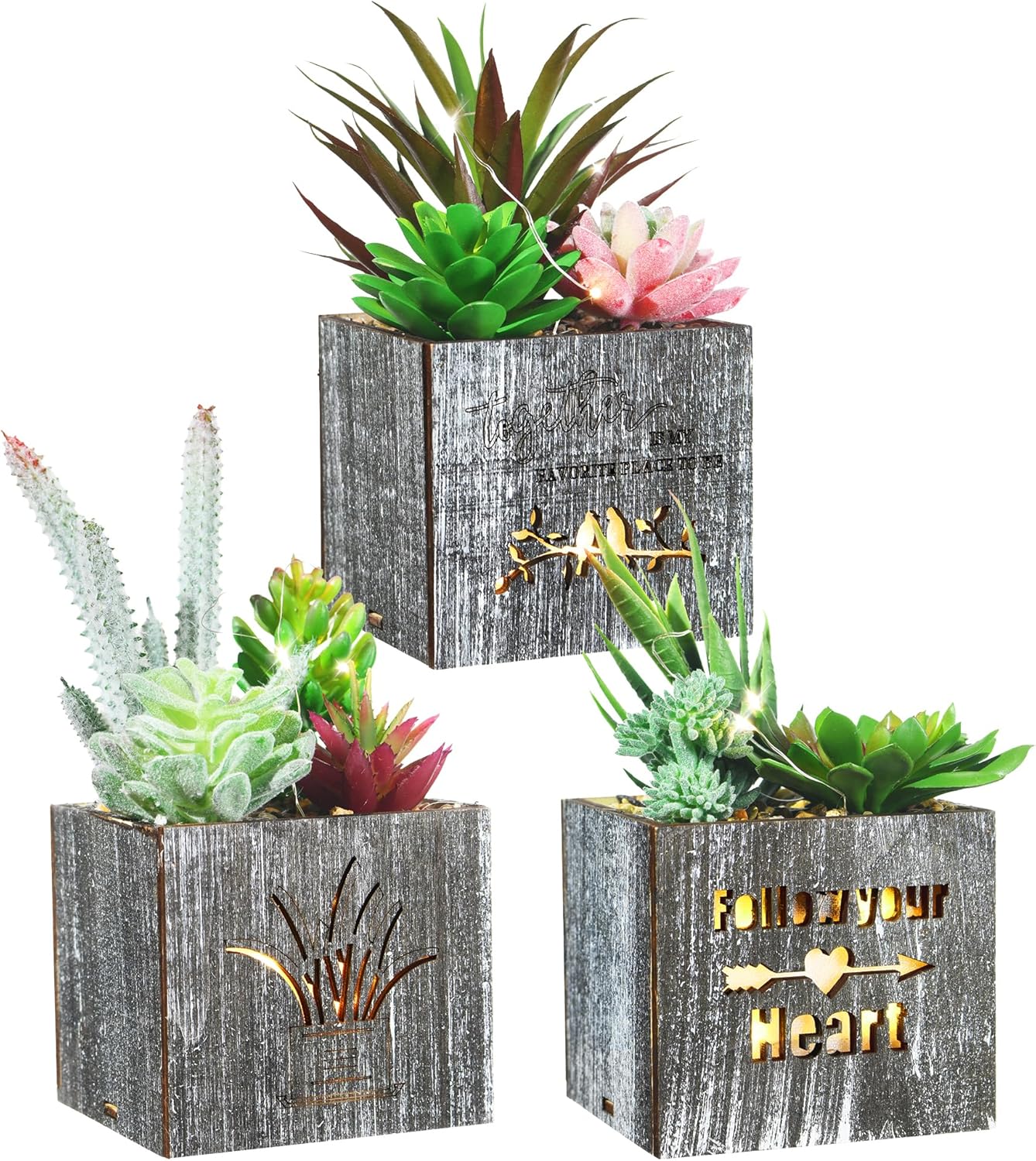Fake Plants Succulent Plants Artificial in Pots with LED Lights Small Fake Succulents Plants Set of 3 Mini Faux Potted Succulents Plants in Wooden Box for Home Office Decoration