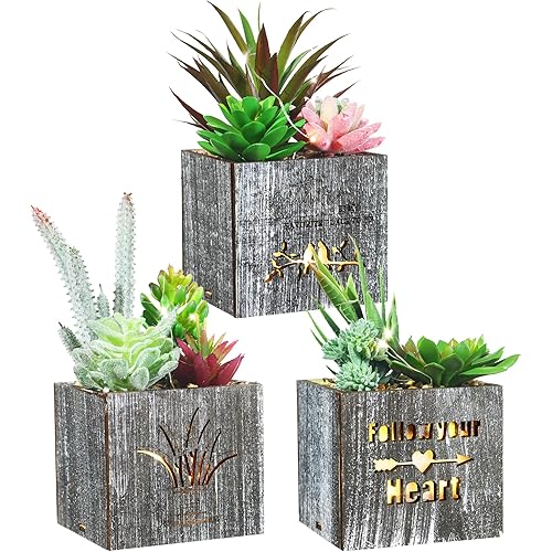 Fake Plants Succulent Plants Artificial in Pots with LED Lights Small Fake Succulents Plants Set of 3 Mini Faux Potted Succulents Plants in Wooden Box for Home Office Decoration