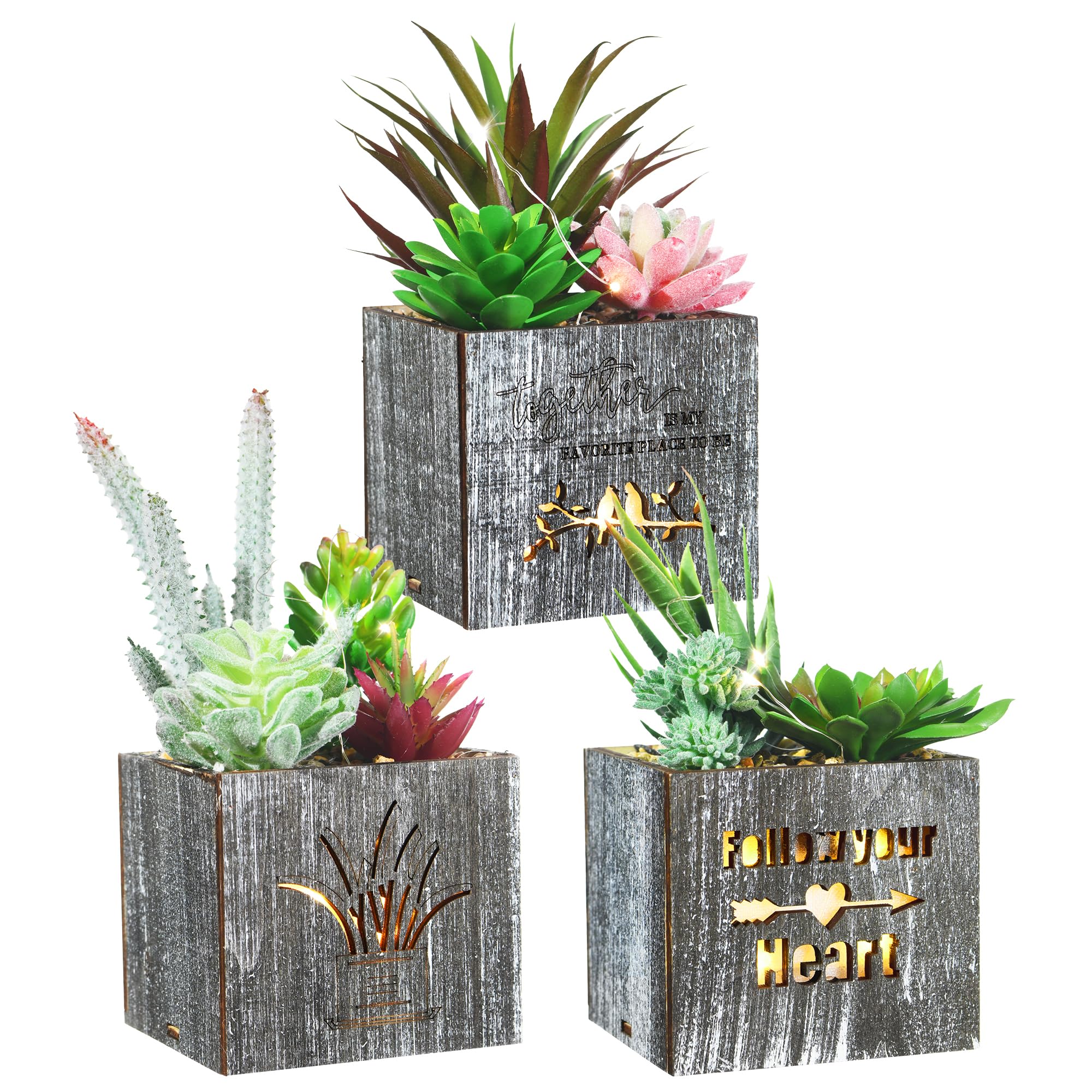 Plantes succulentes artificielles avec éclairage LED intégré et jardinière en bois