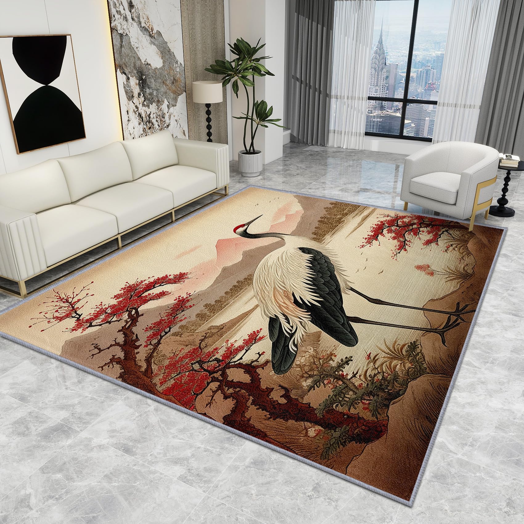 Japanese Themed Rug - Crane Rug - Japanese Cherry Blossom Rugs, Oriental Asian Traditional Carpet, Washable Rug Non Slip Low Pile Soft Small Area Rugs, Crane Home Decor Gifts, 60 X 90 cm
