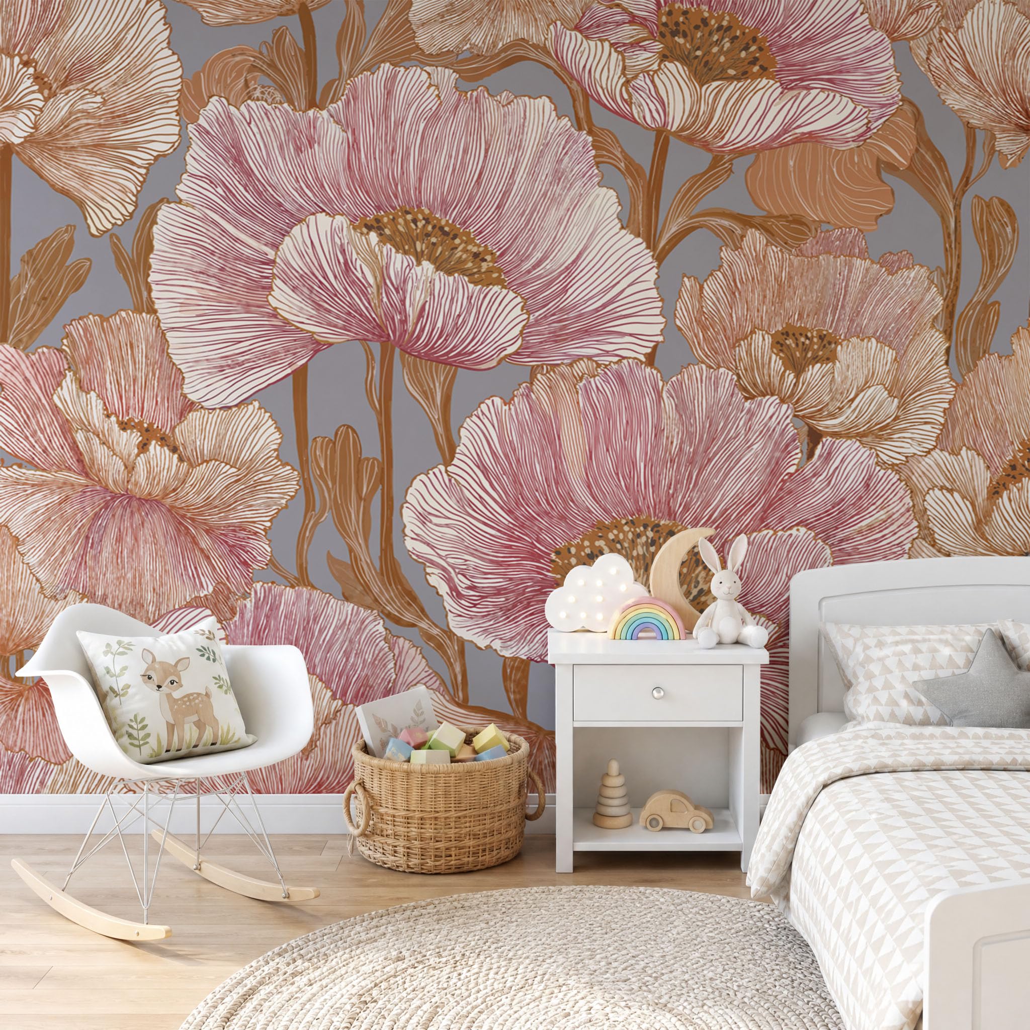 Papier peint coquelicots roses panoramique pour transformer un mur blanc de bureau