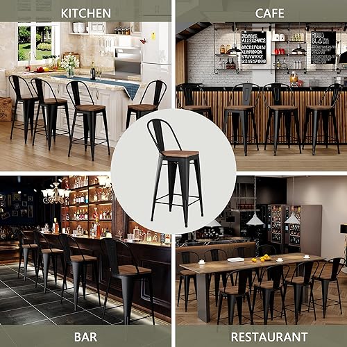 Miniatura 6 de Yongqiang Barstools Set of 4 Counter Height Bar Stools for Kitchen Island Farmhouse Metal High Back Bar Chairs Wooden Seat 24" Matte Black Negro