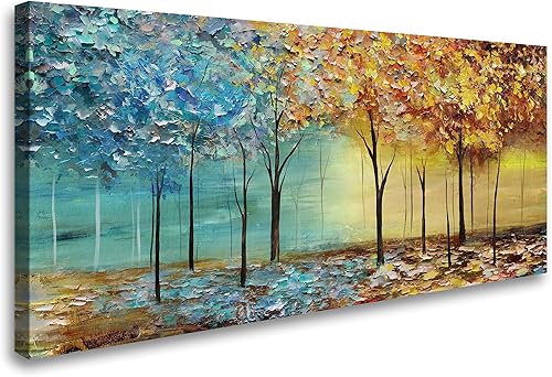 Cao Gen Decor Art A63450 - Lienzo decorativo para pared, árboles abstractos, 1 panel, azul y amarillo, cuadros abstractos de bosque, estirados y disponible en Yaxa Peru