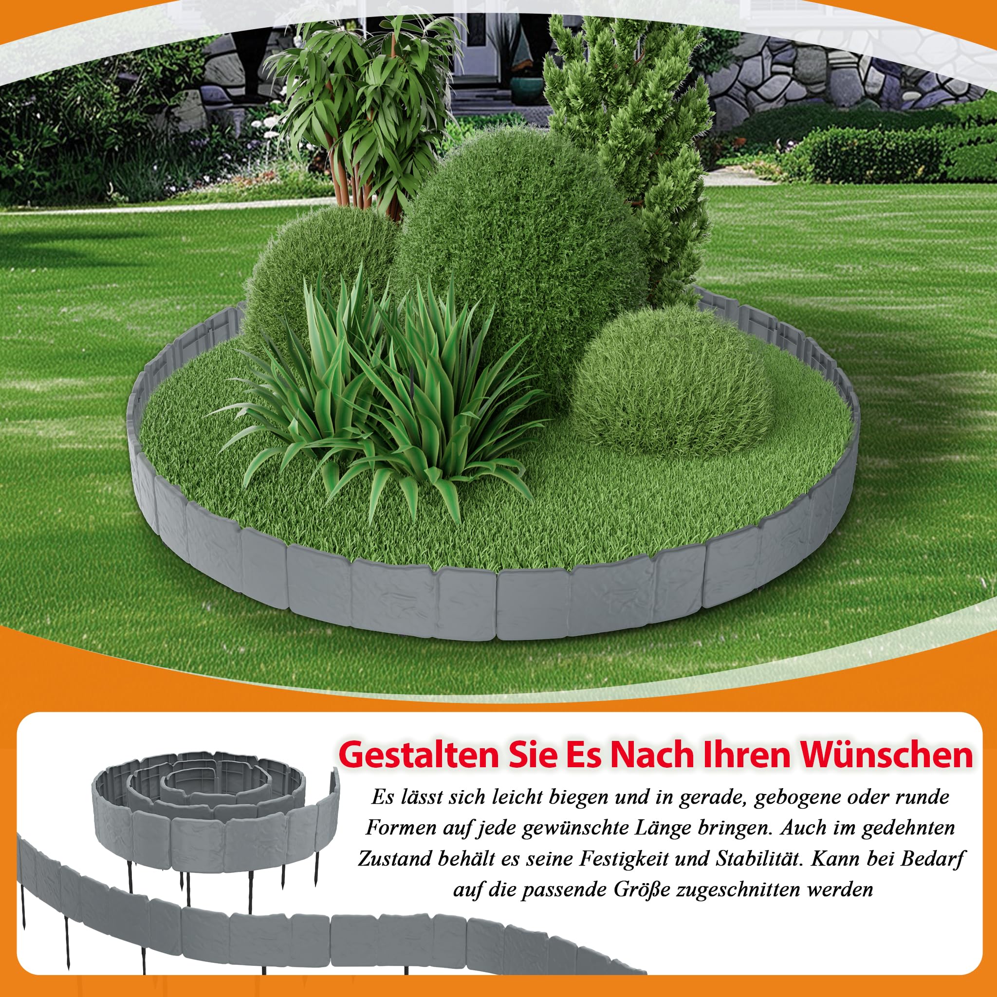 HENGMEI Bordo per aiuole in plastica, 2,5 m, con effetto pietra, 10 pezzi, 25 x 23 cm (lunghezza x altezza), antracite
