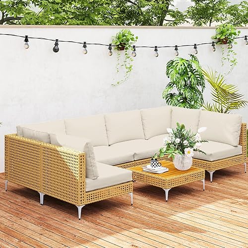Miniatura 9 de Outsunny Juego de muebles de mimbre de 7 piezas, modular para exteriores con cojines gruesos, juego de conversación de muebles de exterior de ratán
