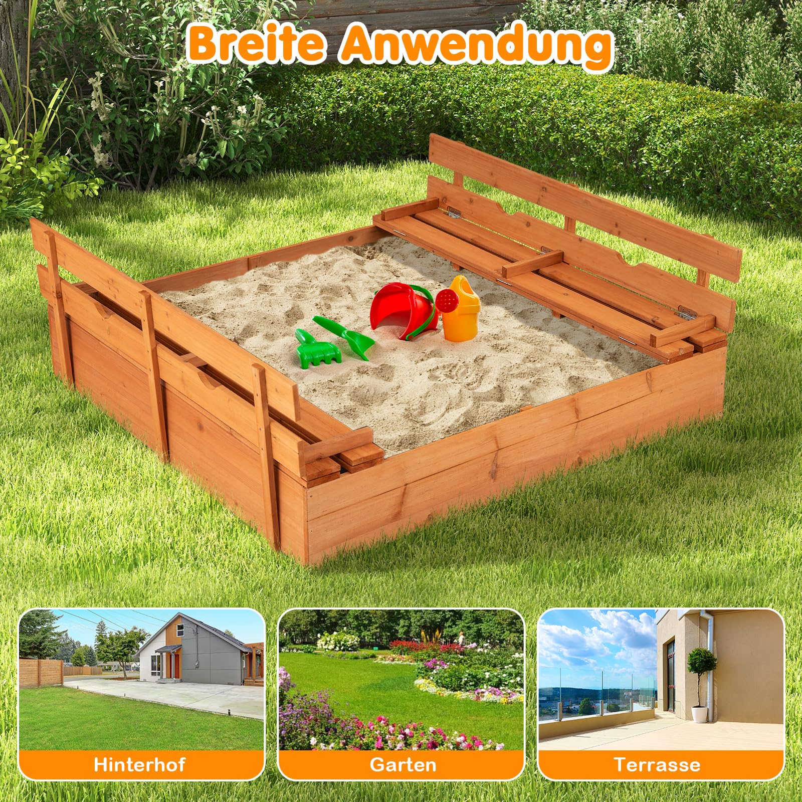 COSTWAY Sandkasten mit Sitzbänken, 120x120 cm Sandkiste Holz, Sandbox mit Deckel & Bodenvlies, Kinder Sandkasten Outdoor, für Garten, Balkon, Terrasse