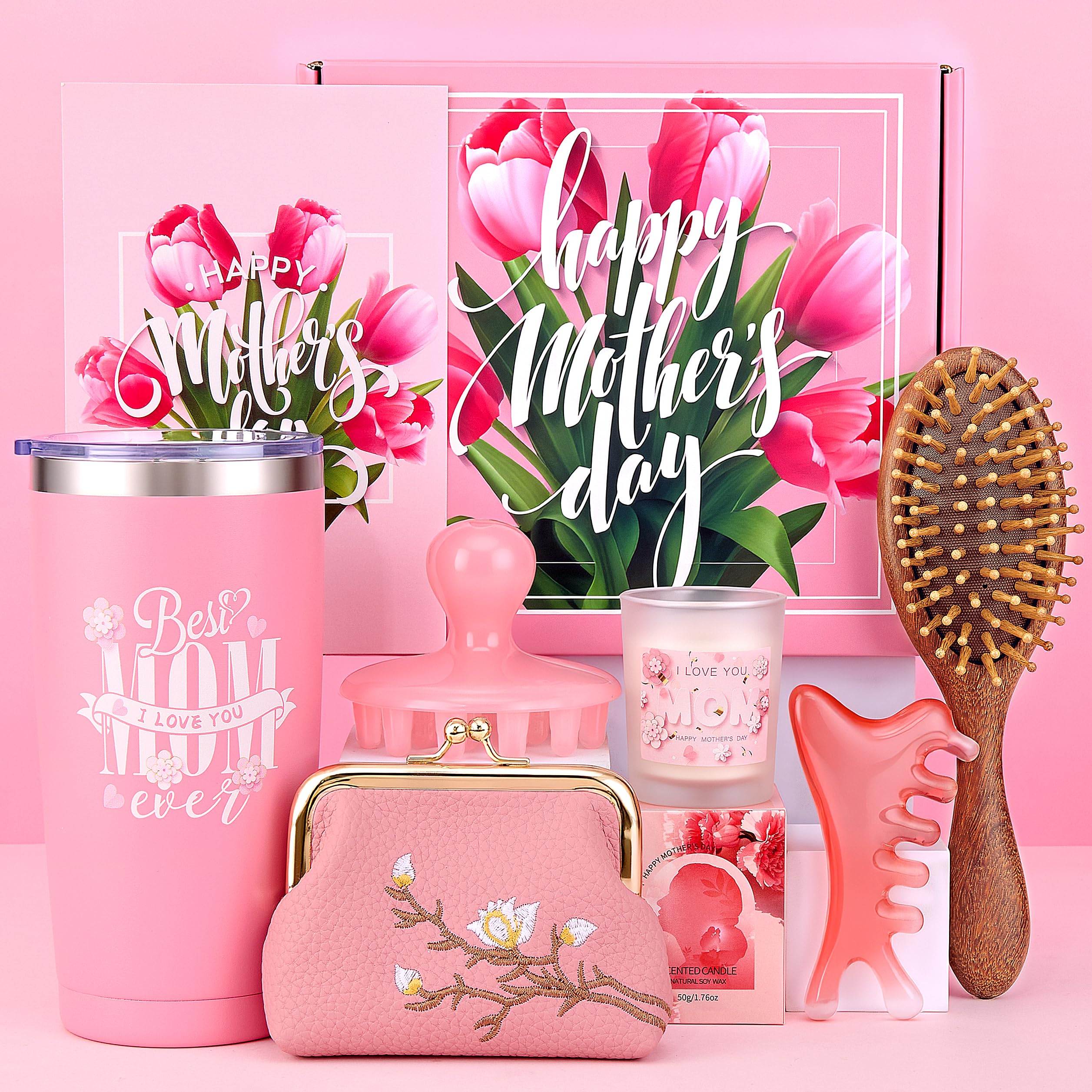 Gifts Box for Mom,Mothers Day Gift,Gift Basket for Mama Mother in Law,Birthday Presents from Daughter Son,Best Mom Ever Set Unique Thank You Gifts With Massage Comb,Tumbler,Coin Purse,Scented Candle