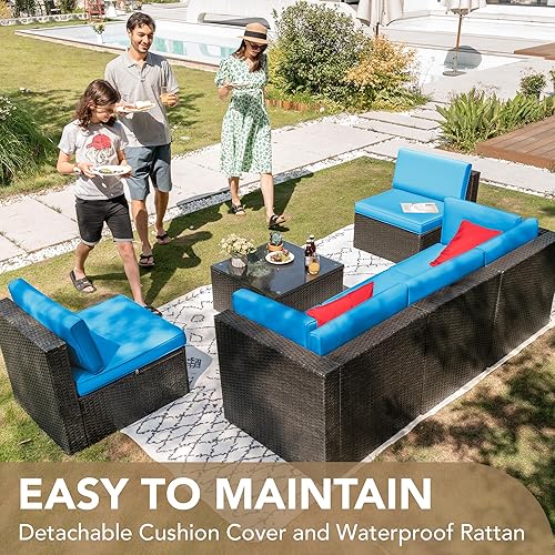 Miniatura 19 de Devoko Juego de 7 muebles seccionales para exteriores para sofá de patio, tejido manual, mimbre de mimbre, juegos de conversación para patio