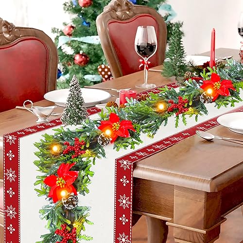 NATITI Guirnalda de Navidad de 8.8 pies con luces preiluminadas, guirnalda artificial de ciprés de pino, flores rojas, funciona con pilas, manto,