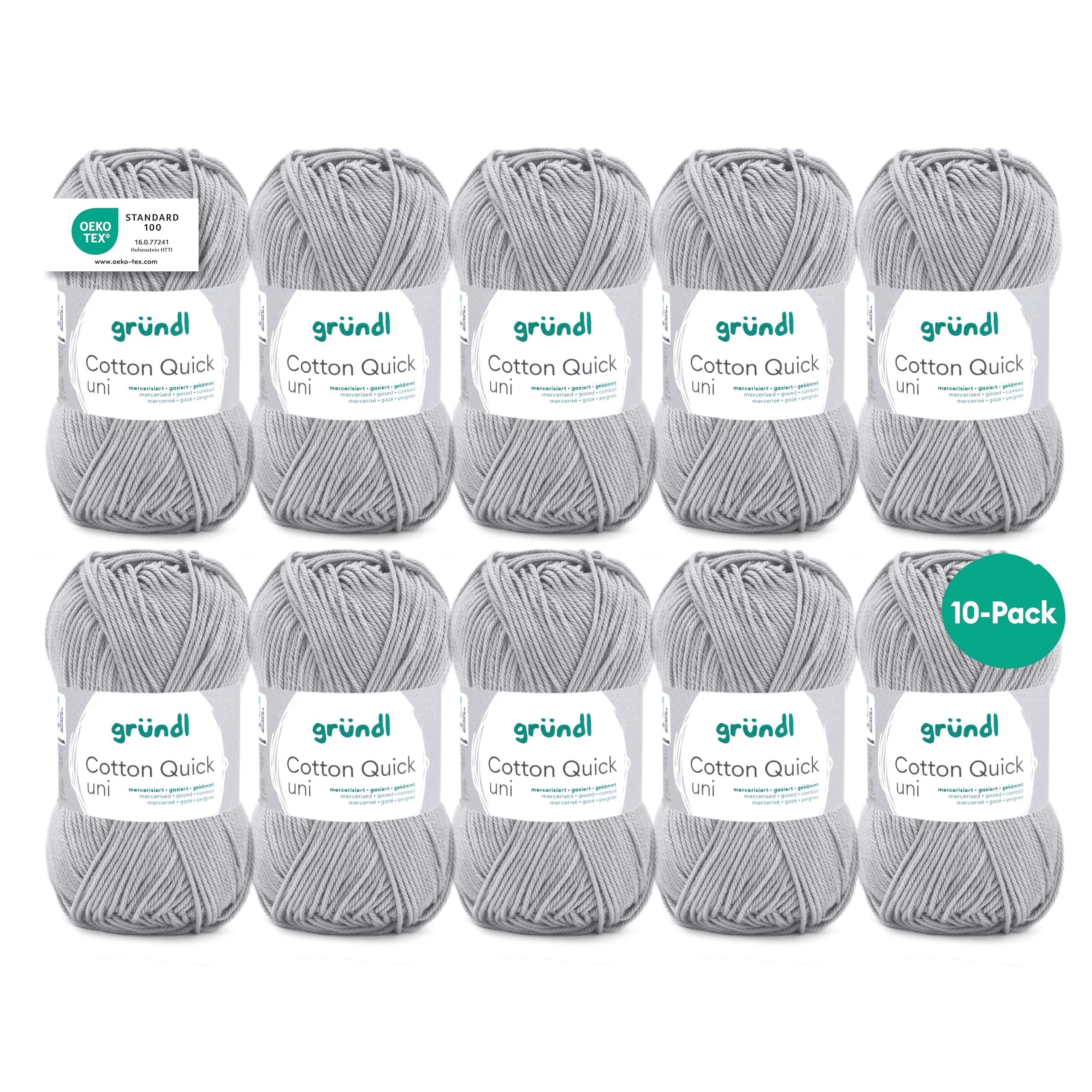 Gründl Wolle Cotton Quick uni - dünne Wolle zum Häkeln - Strickgarn - Häkelgarn - Glänzend und hautfreundlich - 100% Baumwolle - 10 Knäuel 50 g / 125 m - Nadelstärke 3-4 - mittelgrau