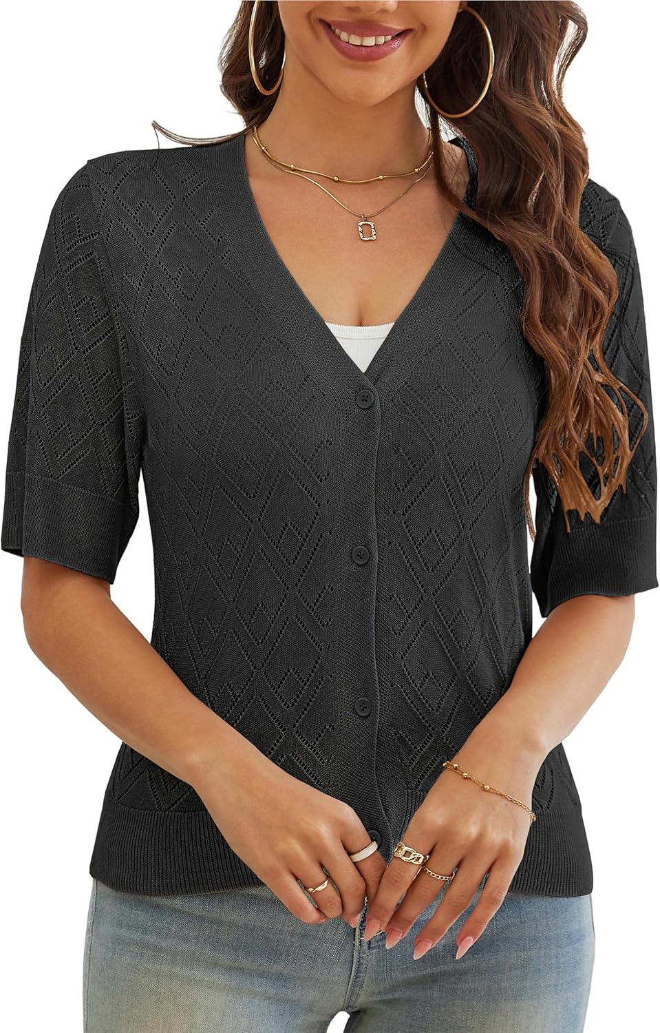 VOIANLIMO Women's Sweater Cropped Knit Long Sleeve Cardigan Lightweight Bolero Short Shrugs V-Neck Button up Tops - Image 3