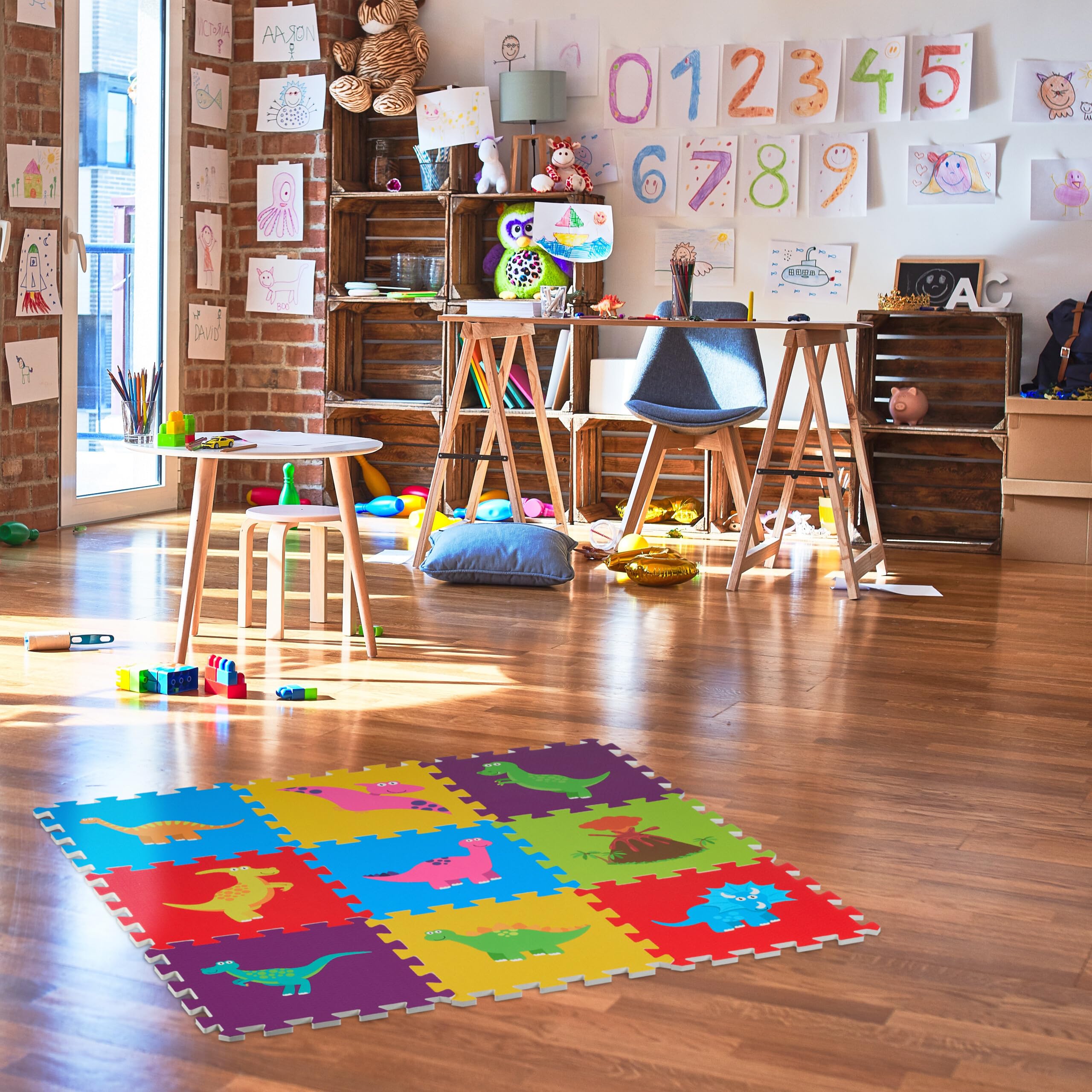 Relaxdays Dywan puzzle, mata do zabawy 3 x 3, dinozaury, mata do raczkowania, guma piankowa bez BPA, wielokolorowa, 86 x 86 cm