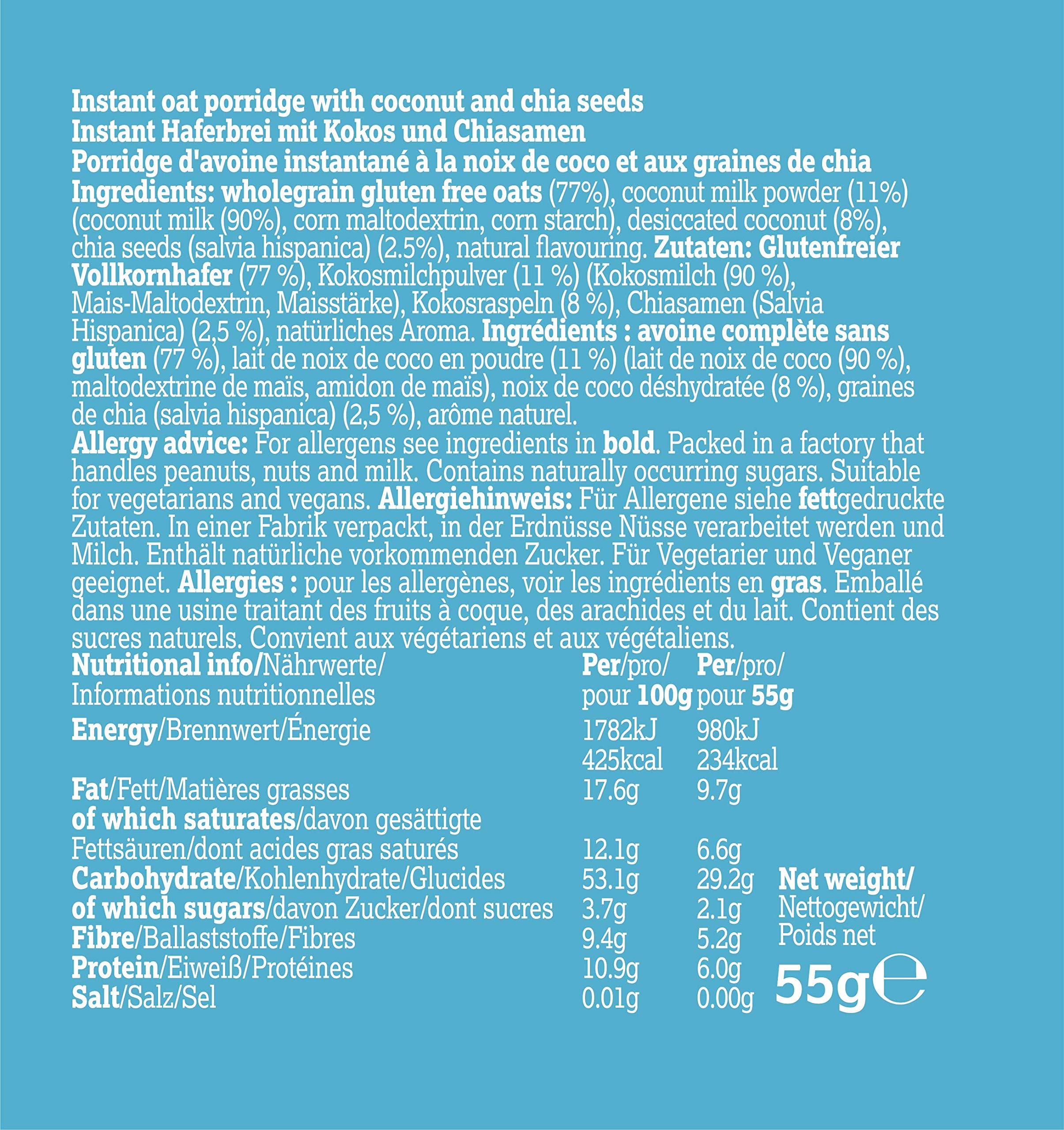 MOMA Papilla de gachas de coco y chía sin gluten y lácteos 12x60g
