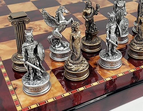 Mitología griega Olympus Gods Zeus vs Poseidon Juego de ajedrez de color peltre y bronce con tablero de color cereza y madera de Burlwood de 18